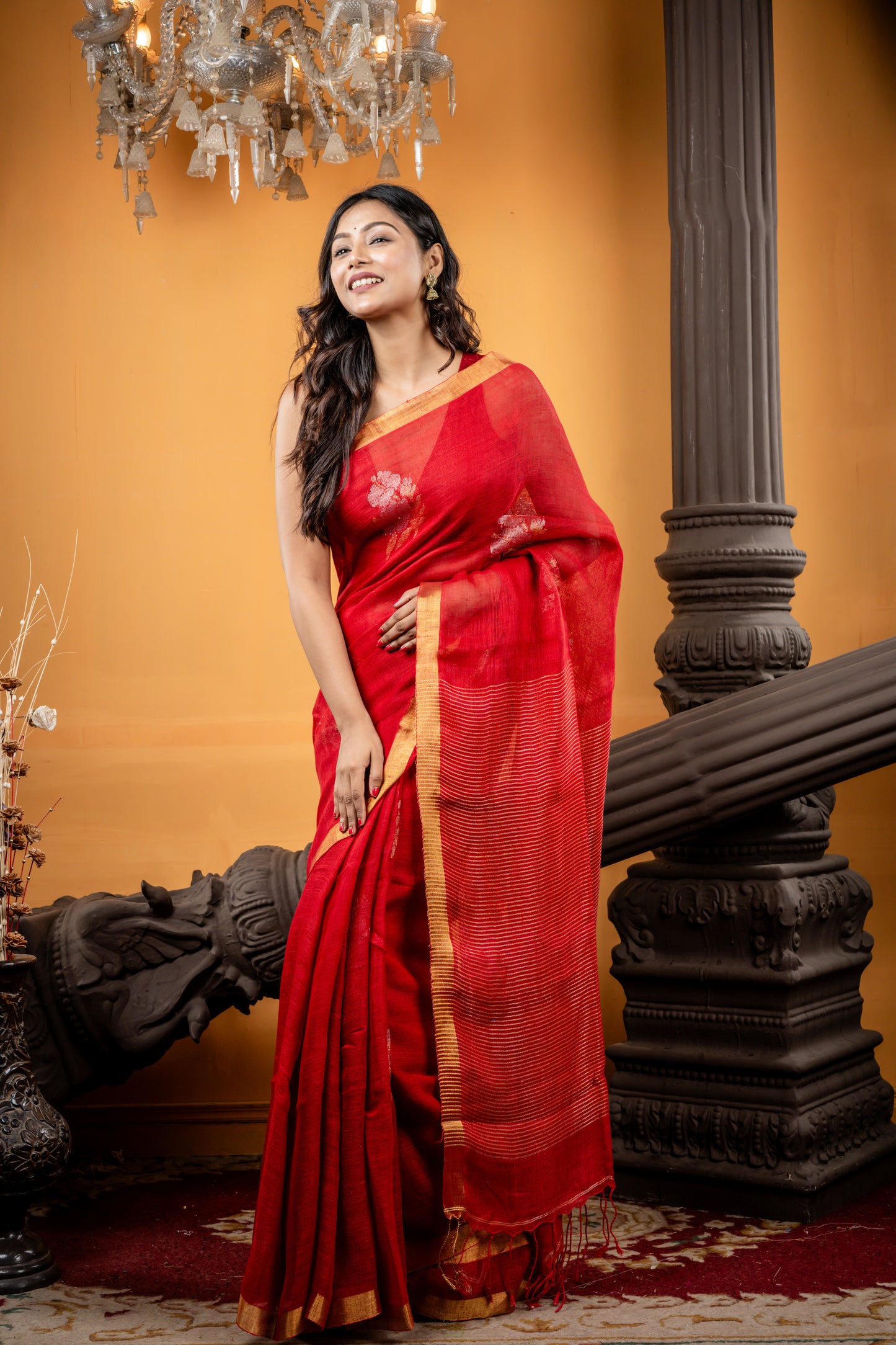 Bright Red Linen with all over Sona Rupa Hibiscus Motif, Zari Border and Stripe Pallu