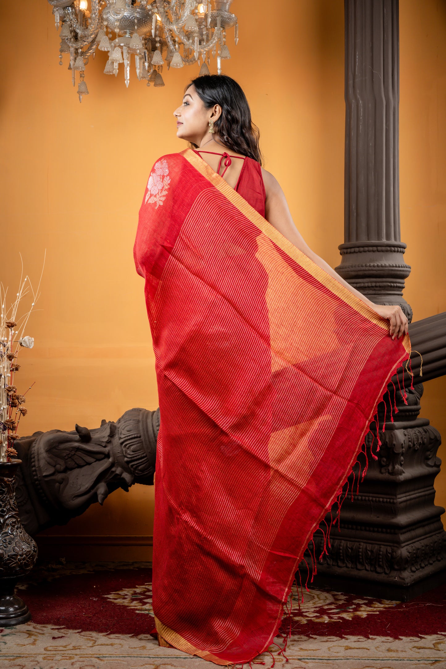 Bright Red Linen with all over Sona Rupa Hibiscus Motif, Zari Border and Stripe Pallu