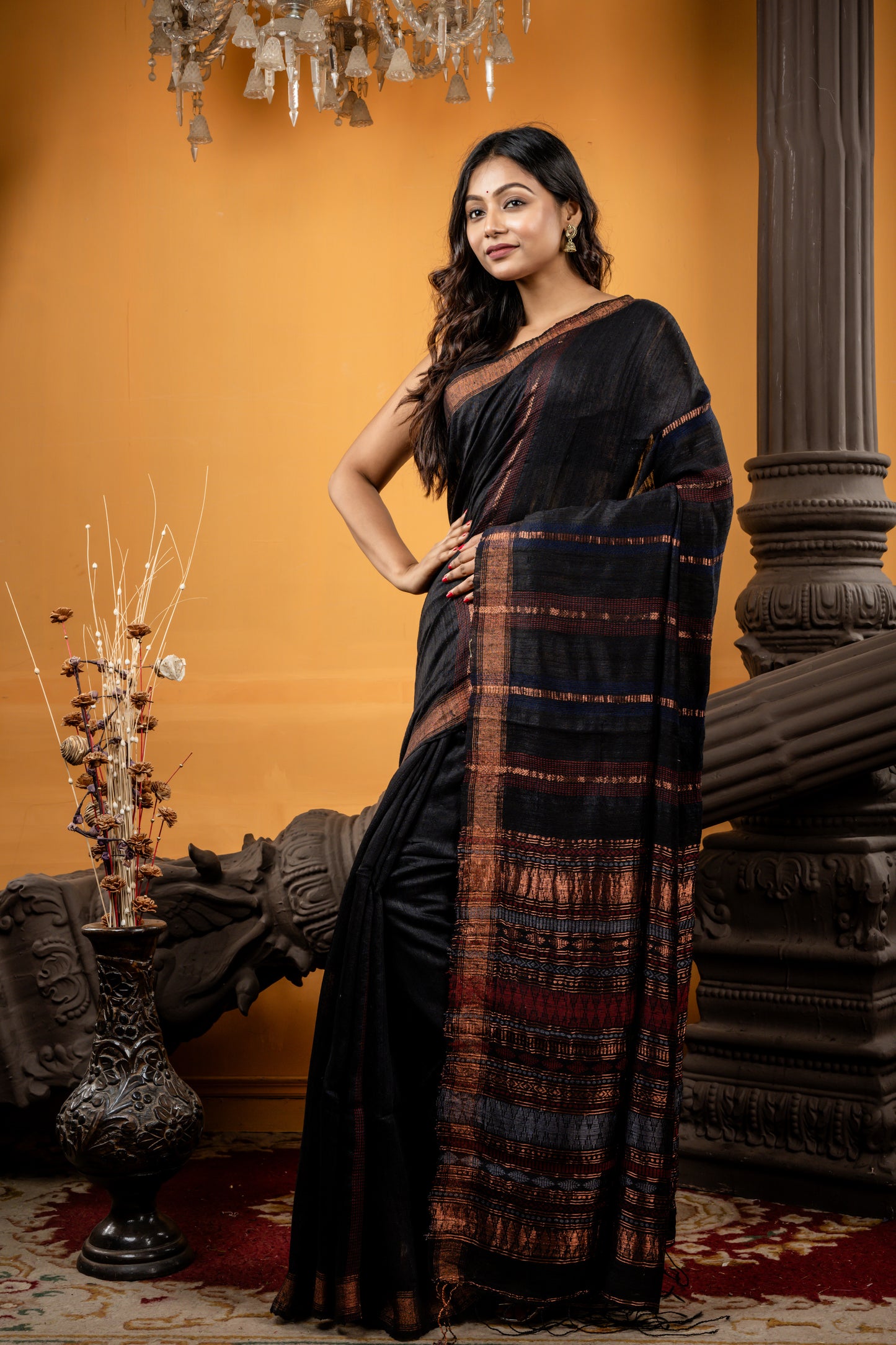 Black Matka with Copper and Maroon Woven Chatai design