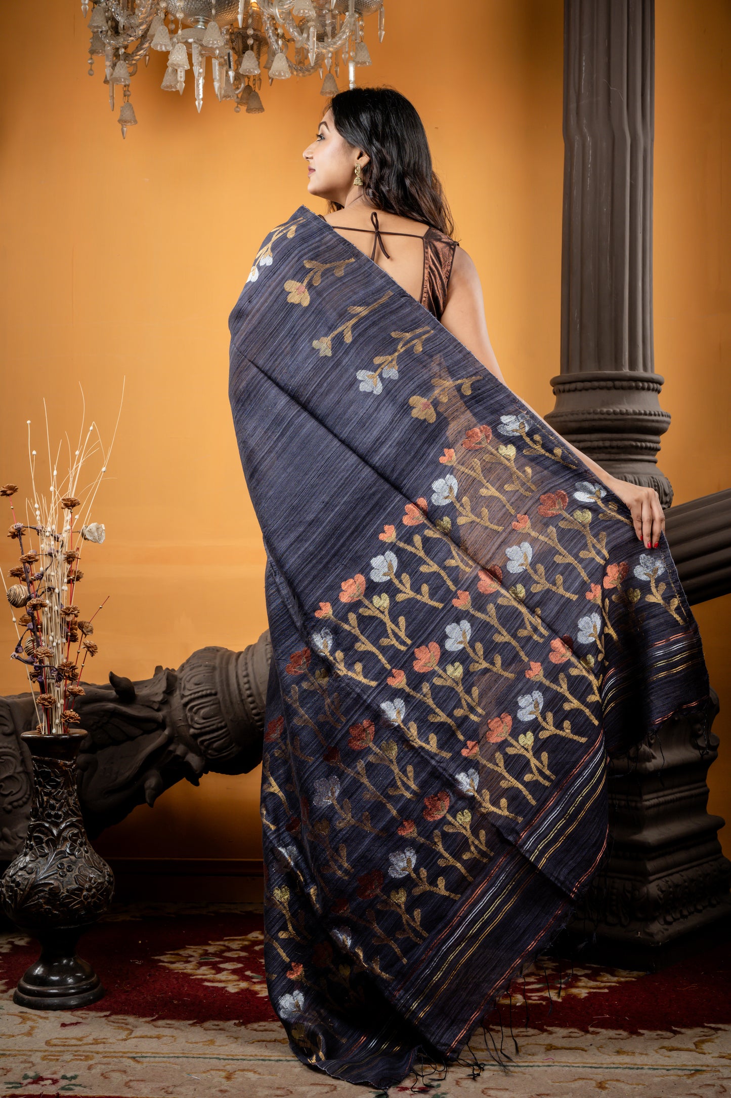 Charcoal Grey Matka with Copper, Gold & Silver  Jamdani Tulip Motif