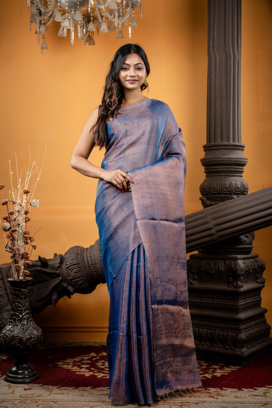 Dusty Blue and Copper Metallic Linen Plain body with Stripe Pallu