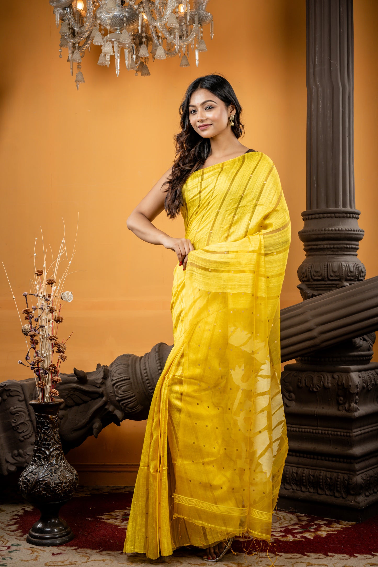 Yellow Matka with All Over Sequins and Antique Gold & White Floral Jamdani Pallu