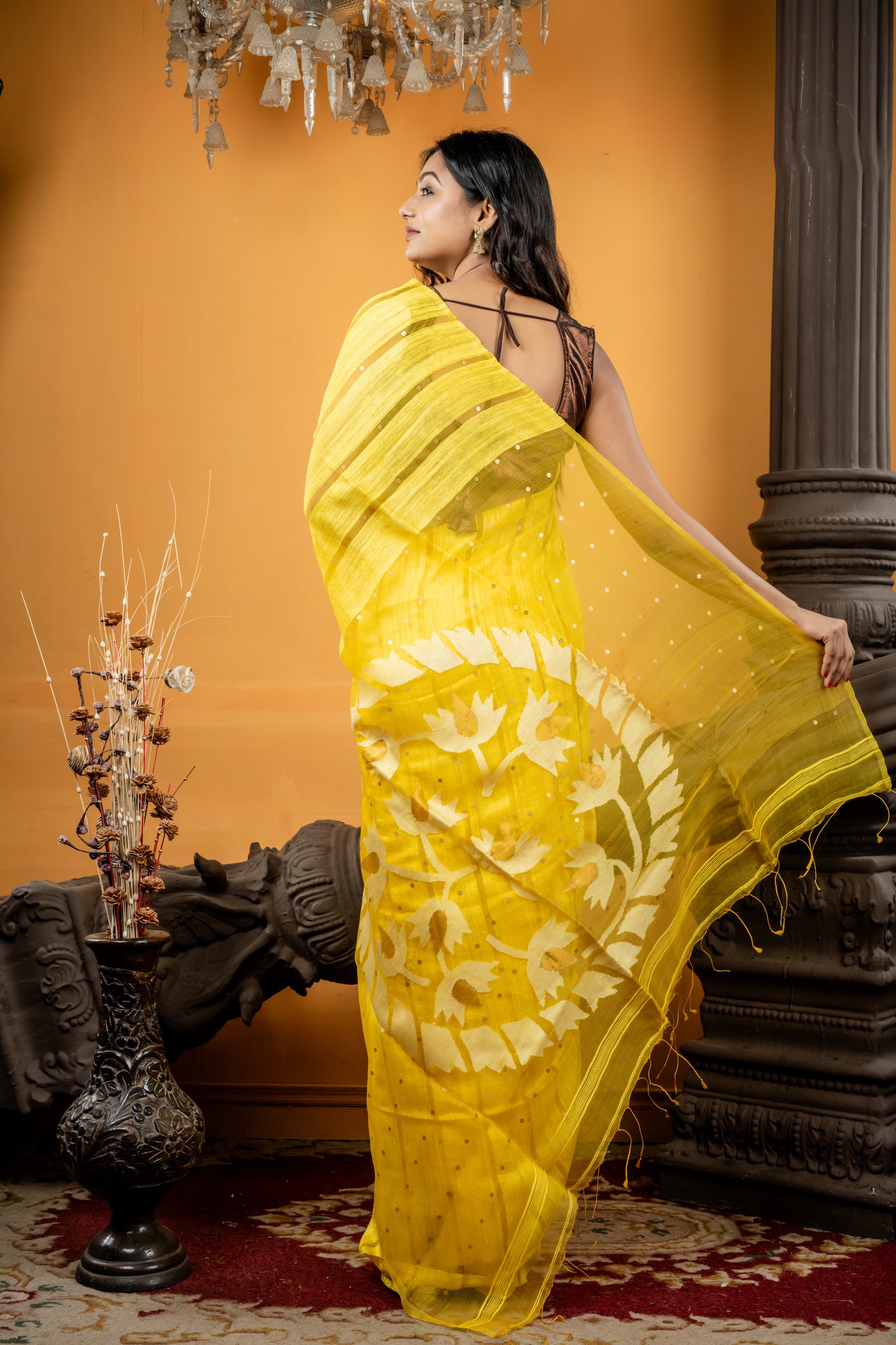 Yellow Matka with All Over Sequins and Antique Gold & White Floral Jamdani Pallu