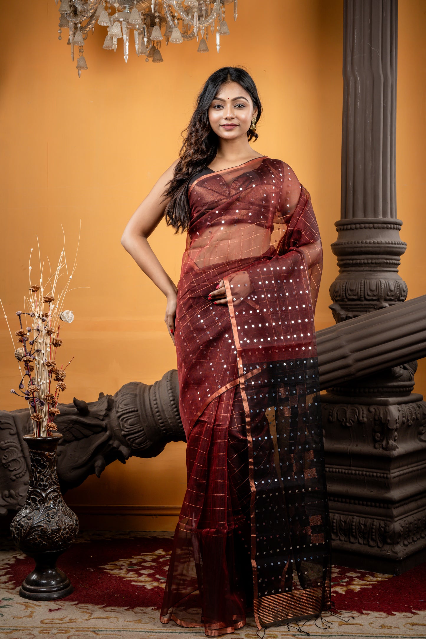 Maroon colour Muslin with Half Sequins and Half Box pattern design with Black Box motif Pallu