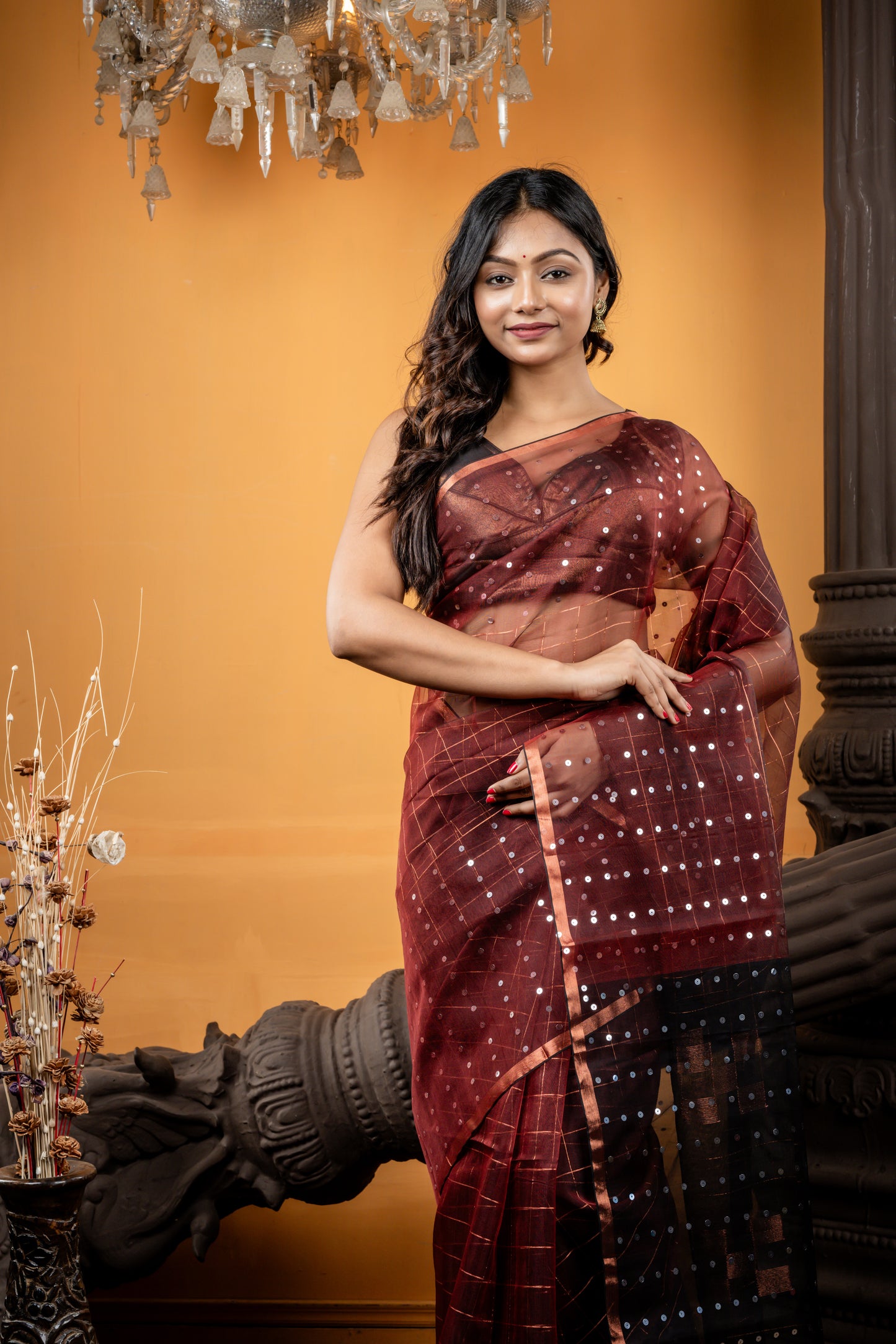 Maroon colour Muslin with Half Sequins and Half Box pattern design with Black Box motif Pallu