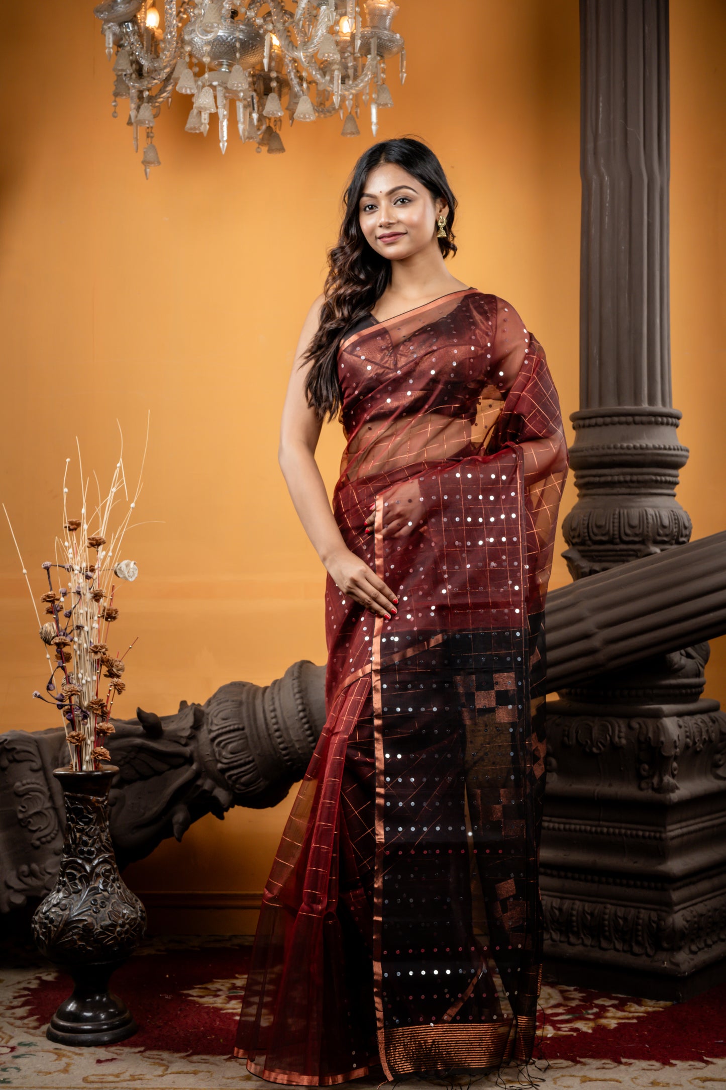 Maroon colour Muslin with Half Sequins and Half Box pattern design with Black Box motif Pallu