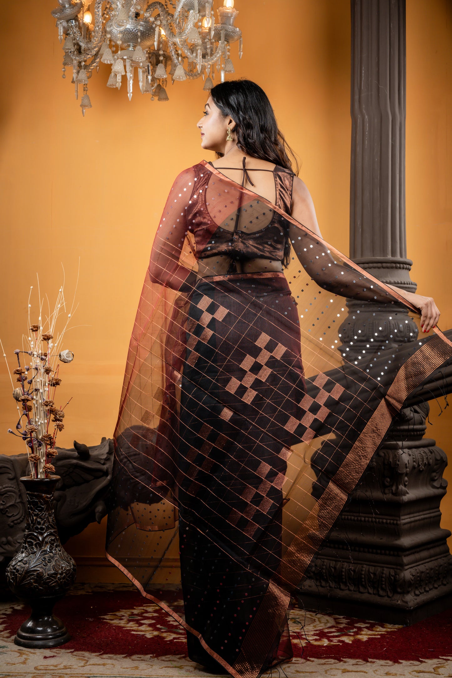 Maroon colour Muslin with Half Sequins and Half Box pattern design with Black Box motif Pallu