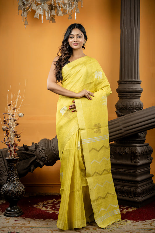 Metallic Olive Yellow Linen with Silver & Antique Gold Dragonfly Motif and Zigzag Stripe Pallu