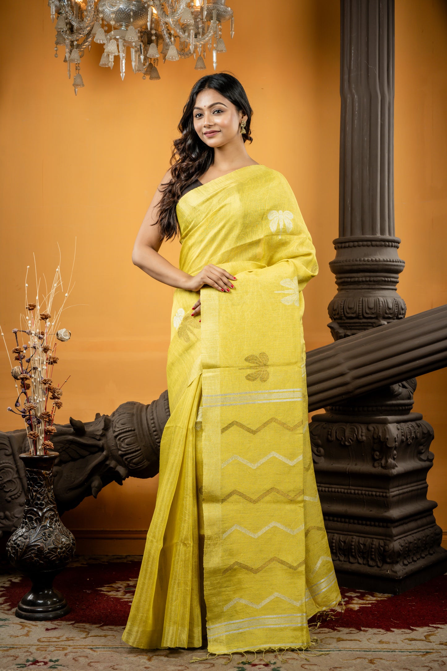 Metallic Olive Yellow Linen with Silver & Antique Gold Dragonfly Motif and Zigzag Stripe Pallu