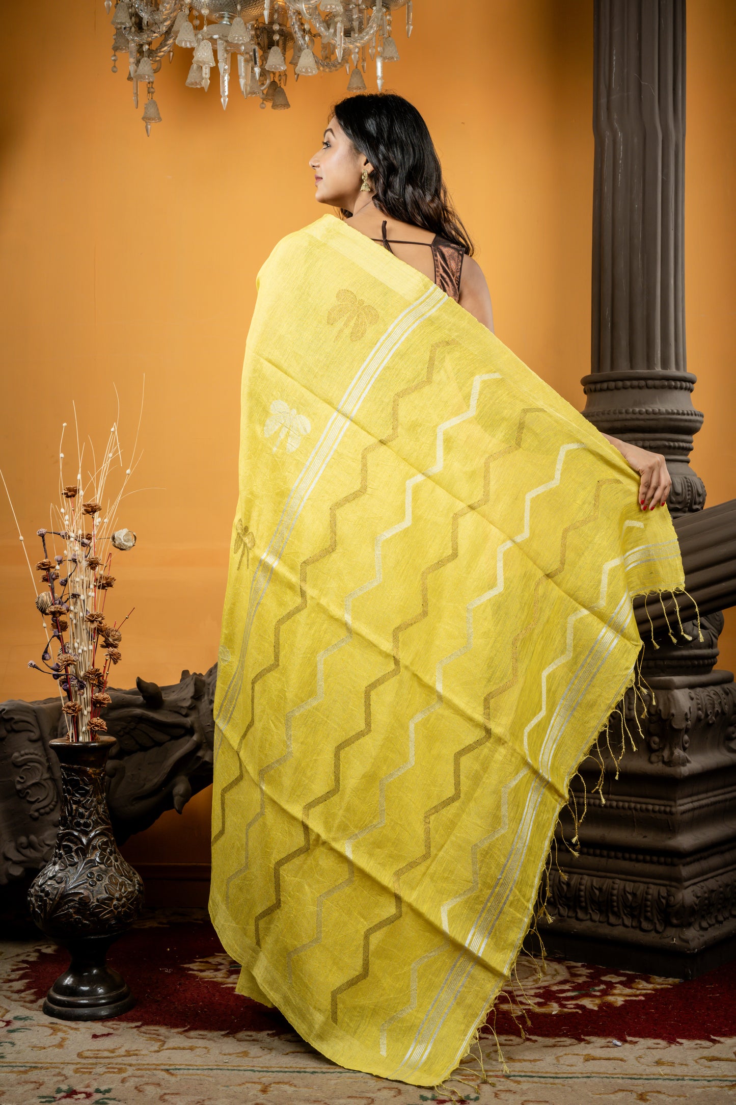 Metallic Olive Yellow Linen with Silver & Antique Gold Dragonfly Motif and Zigzag Stripe Pallu