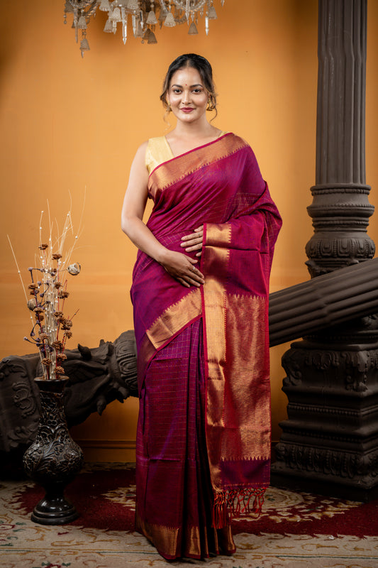 Magenta and Gold Khadi Cotton Mangalgiri with Woven Pallu