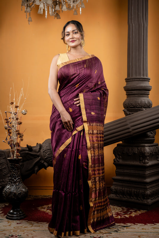 Wine colour Matka Saree with Resham Buti Assamese design Pallu