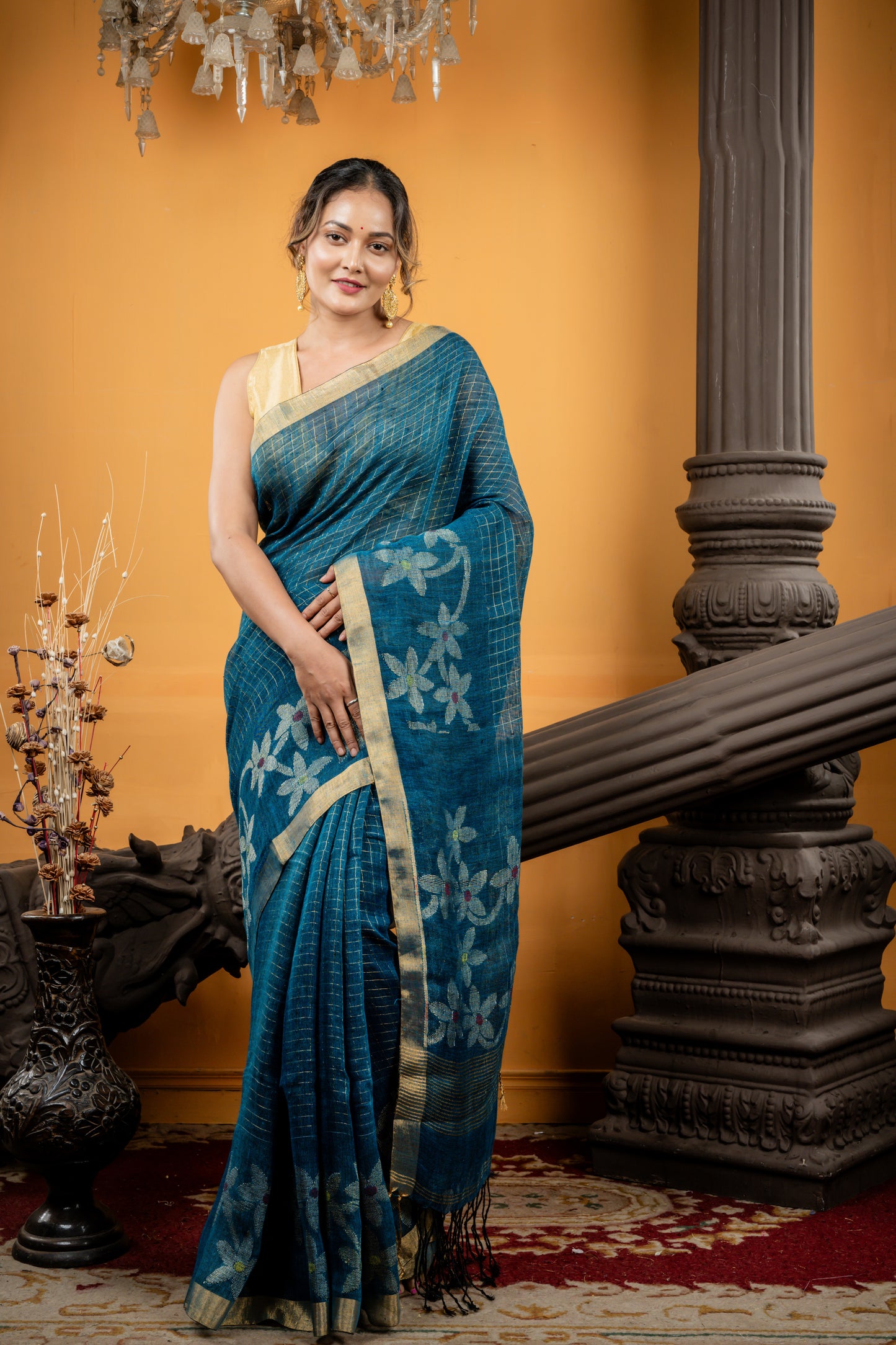 Dark Teal Blue and Black dual tone Linen  with All Over Zari Checks, Floral Border & Pallu