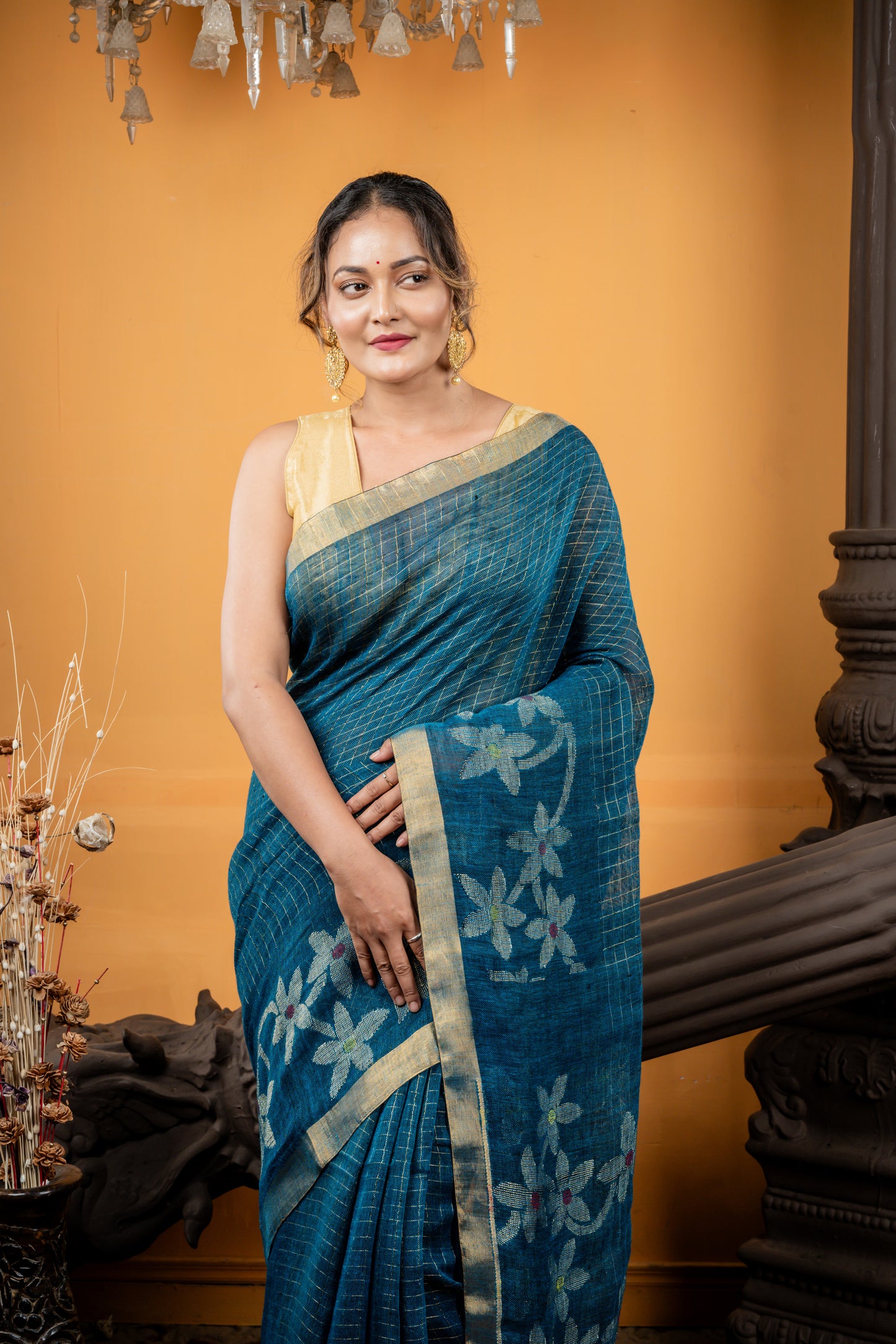 Dark Teal Blue and Black dual tone Linen  with All Over Zari Checks, Floral Border & Pallu