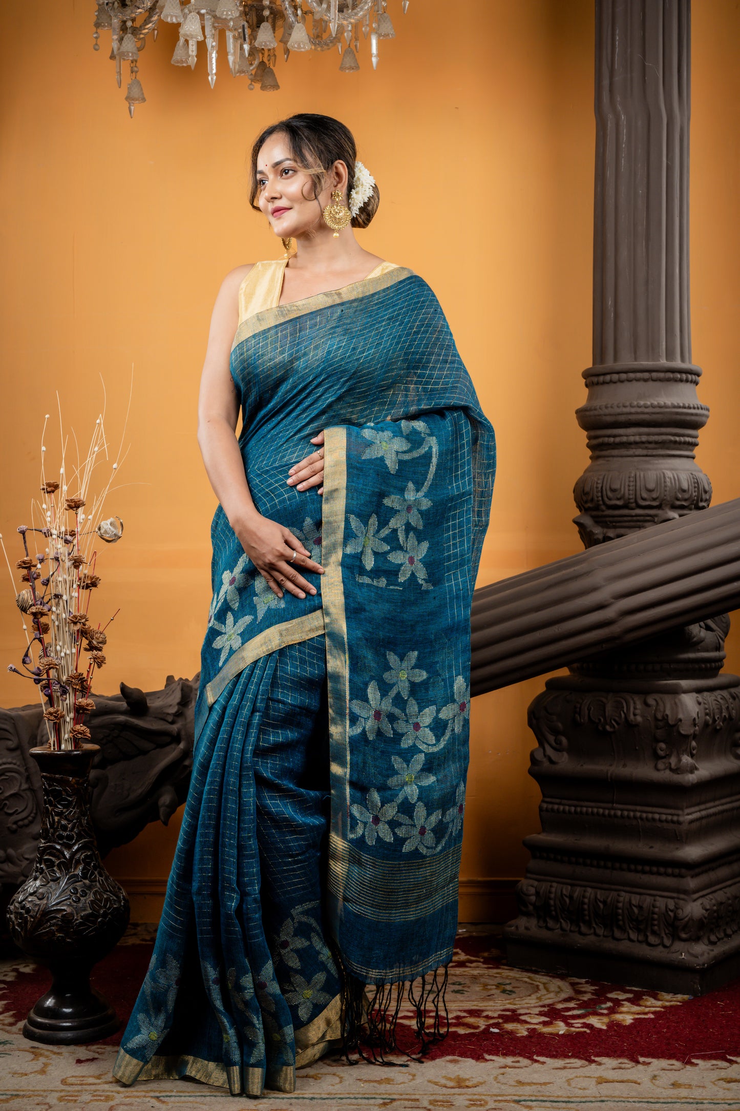 Dark Teal Blue and Black dual tone Linen  with All Over Zari Checks, Floral Border & Pallu