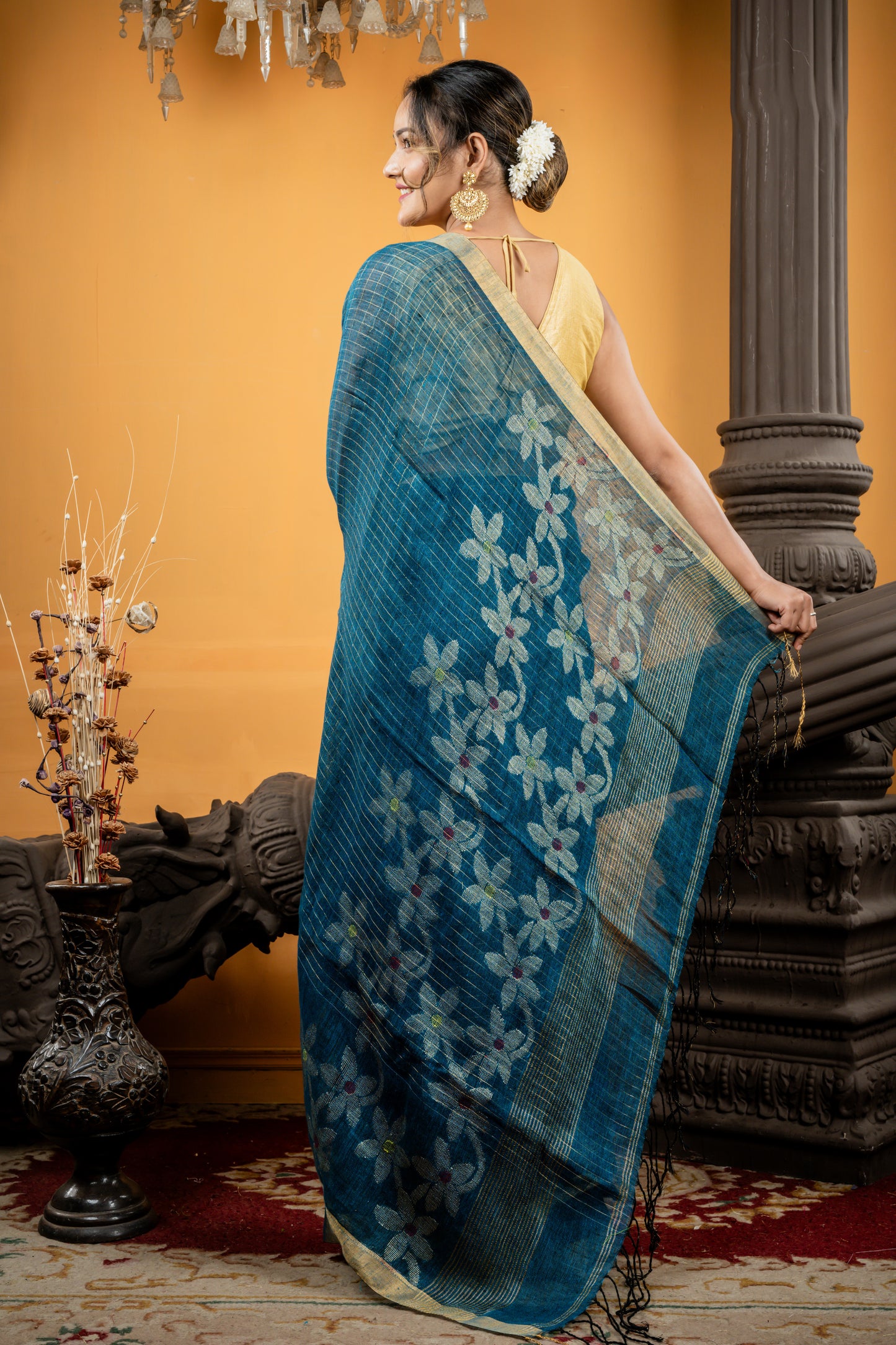 Dark Teal Blue and Black dual tone Linen  with All Over Zari Checks, Floral Border & Pallu