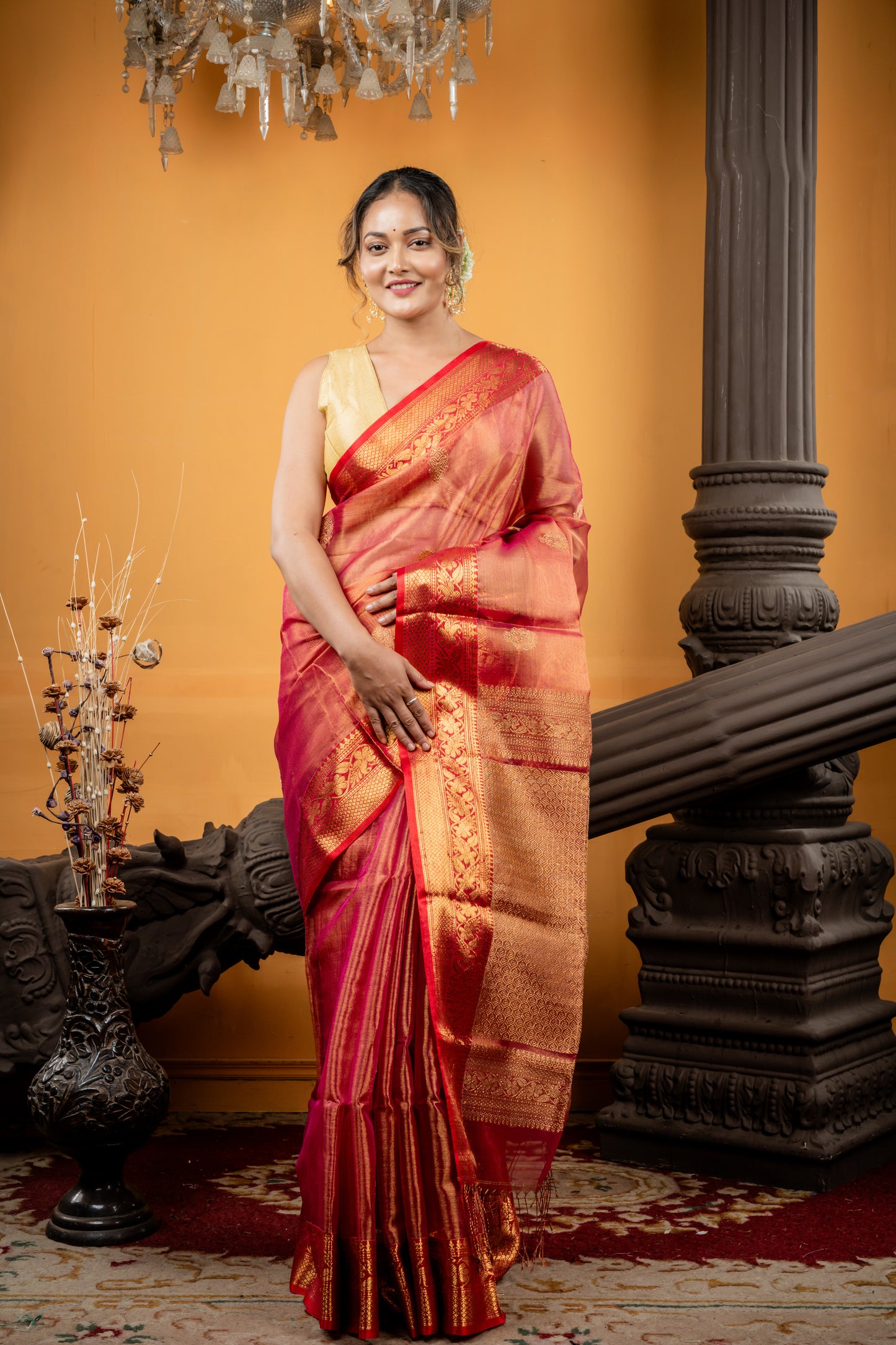 Rust Orange Muslin Metallic Benarasi with Antique Gold Buti and Brocade Pallu