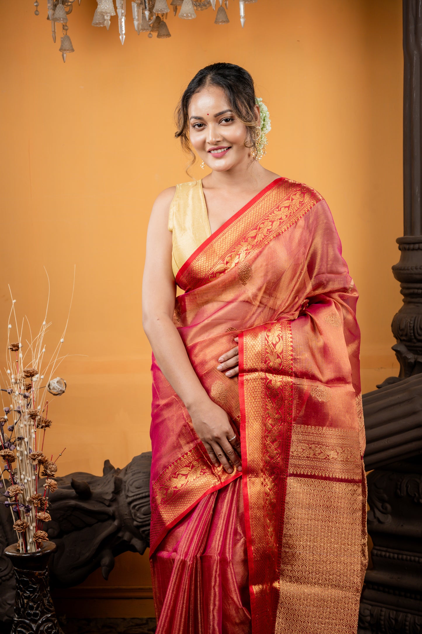 Rust Orange Muslin Metallic Benarasi with Antique Gold Buti and Brocade Pallu