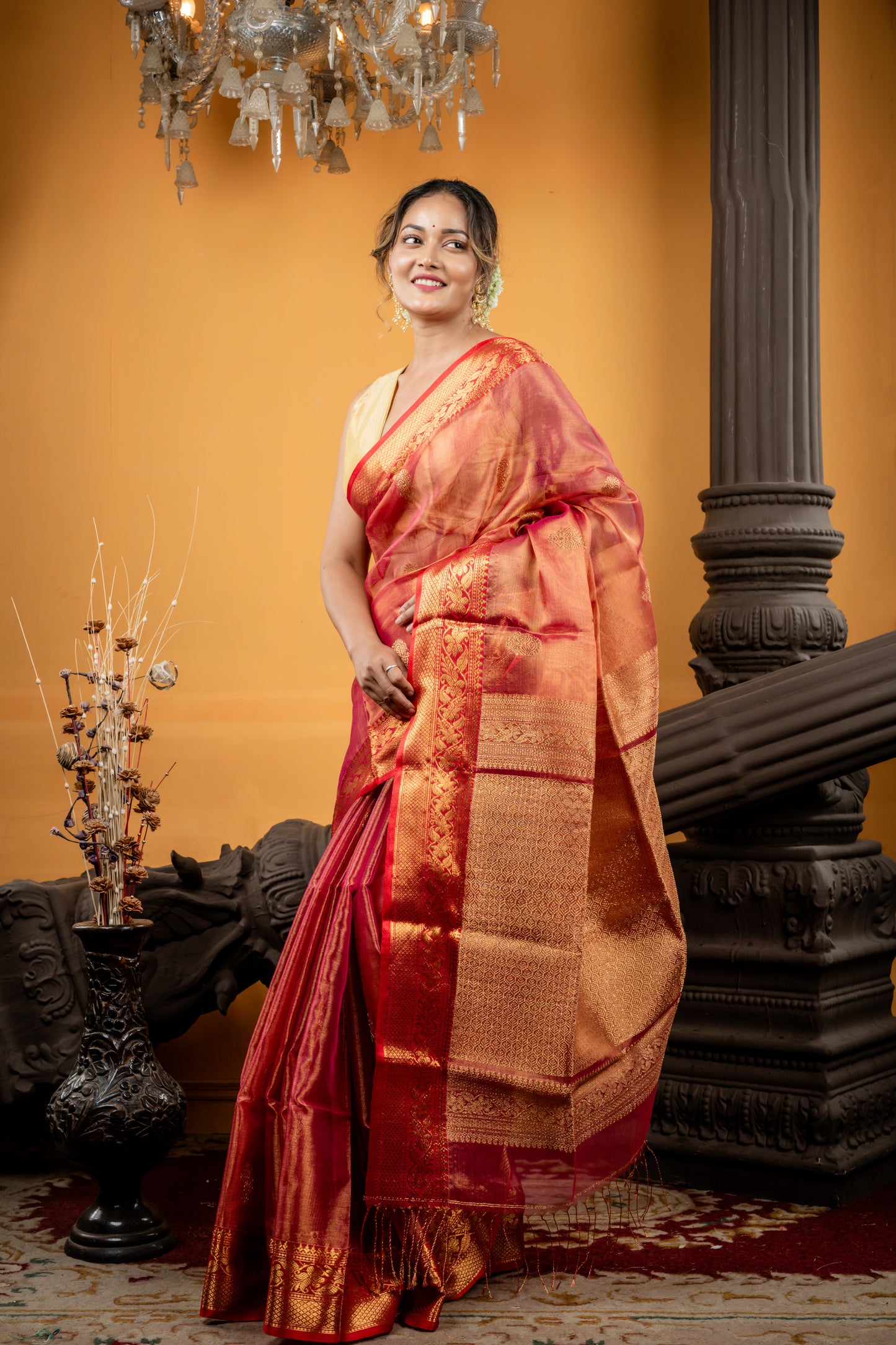 Rust Orange Muslin Metallic Benarasi with Antique Gold Buti and Brocade Pallu