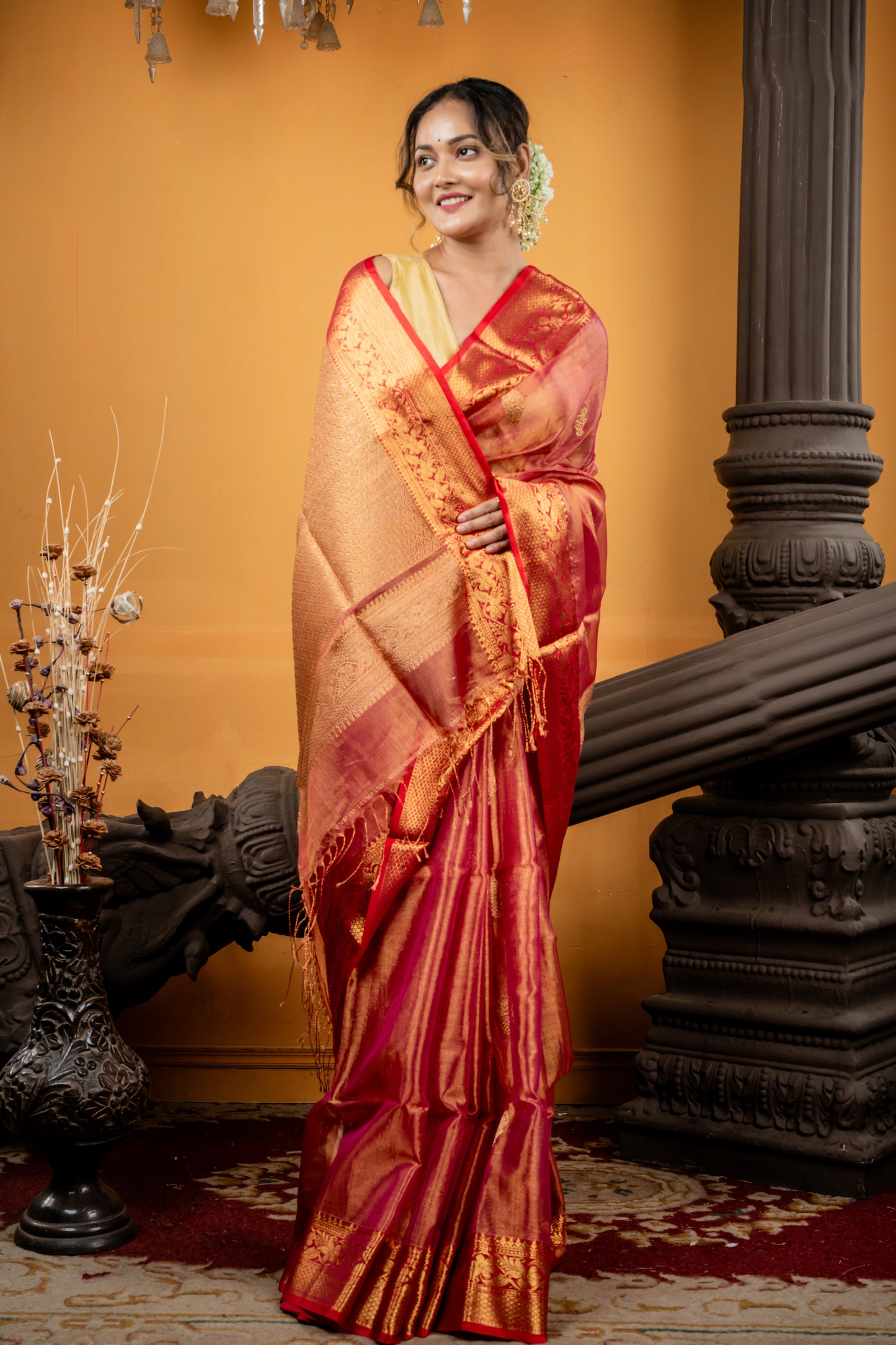 Rust Orange Muslin Metallic Benarasi with Antique Gold Buti and Brocade Pallu