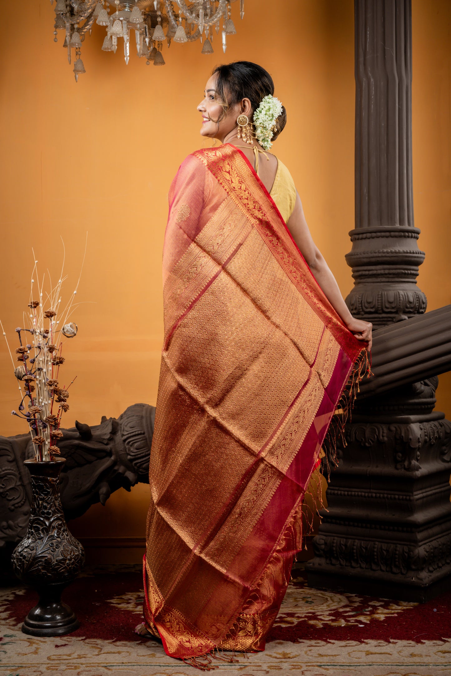 Rust Orange Muslin Metallic Benarasi with Antique Gold Buti and Brocade Pallu