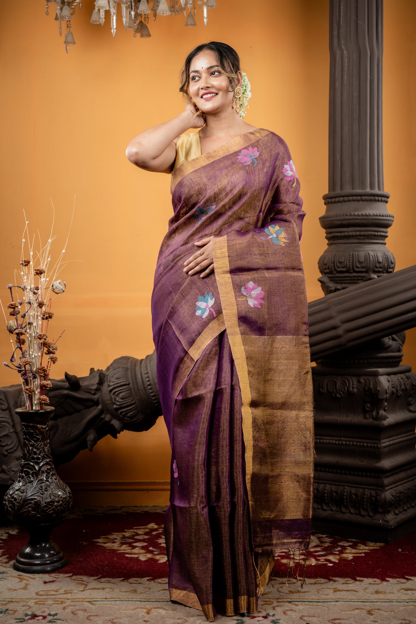 Purple and Gold Dual tone Metallic Linen with Lotus Motif and Stripe Pallu