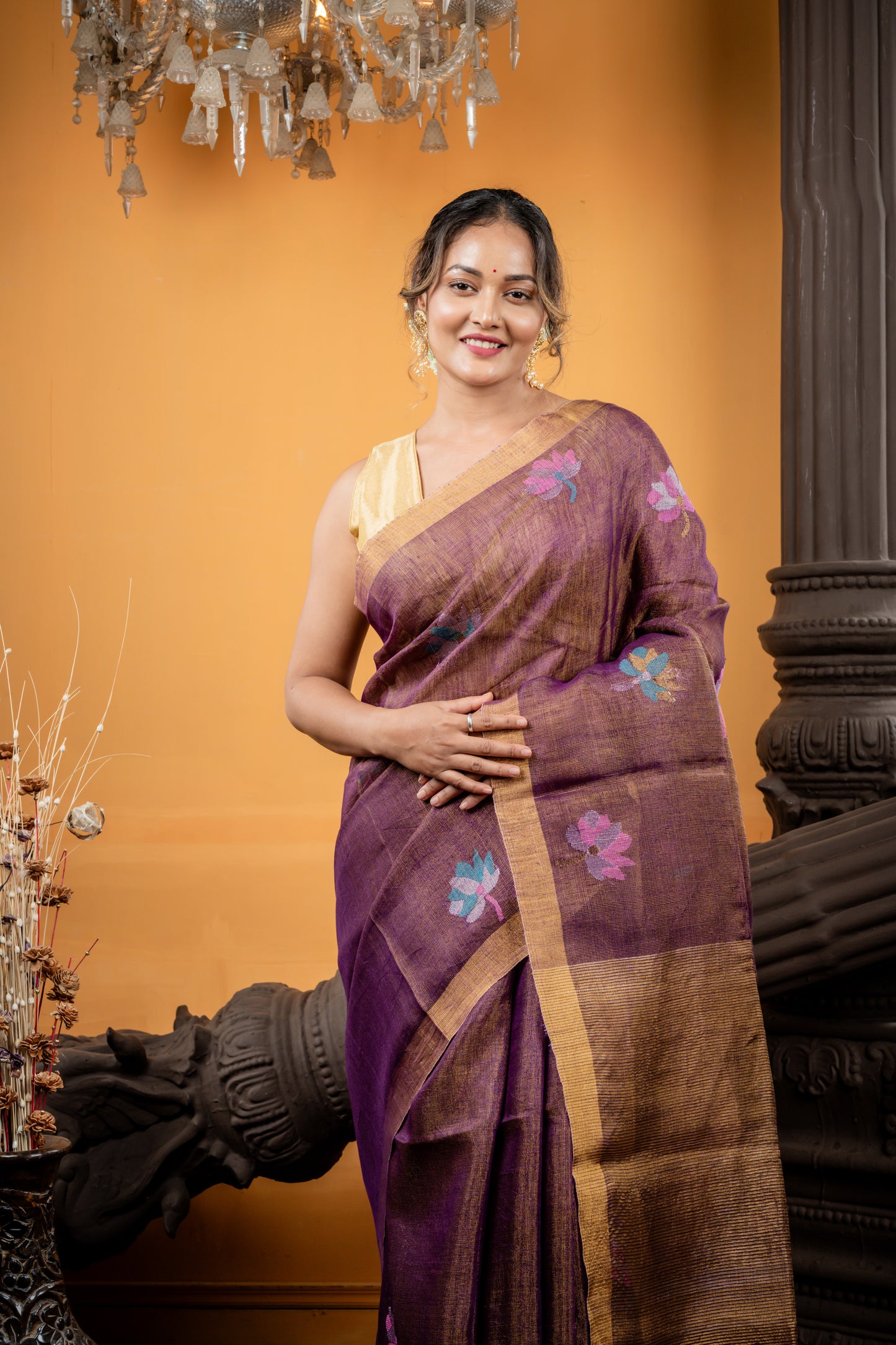 Purple and Gold Dual tone Metallic Linen with Lotus Motif and Stripe Pallu