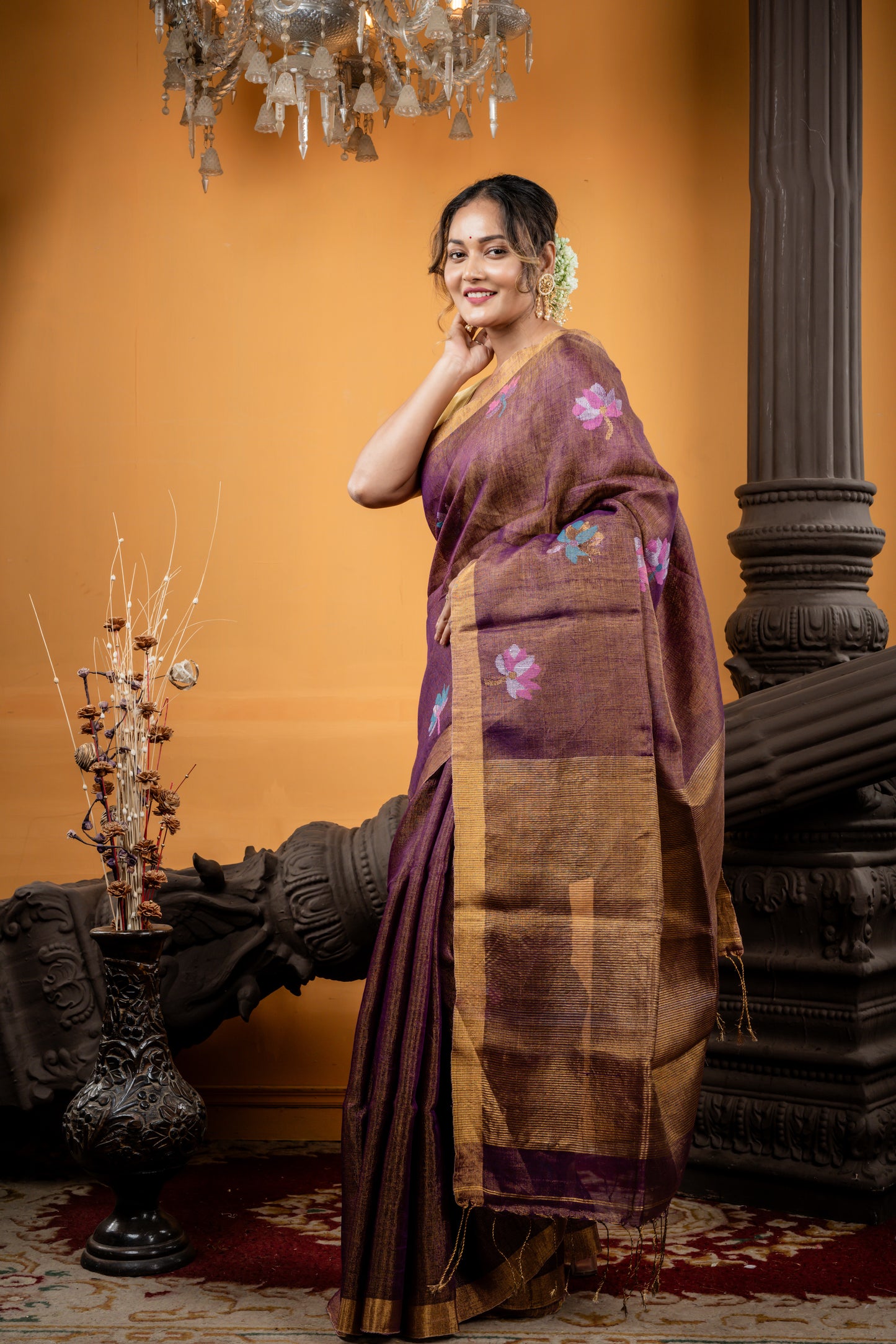 Purple and Gold Dual tone Metallic Linen with Lotus Motif and Stripe Pallu