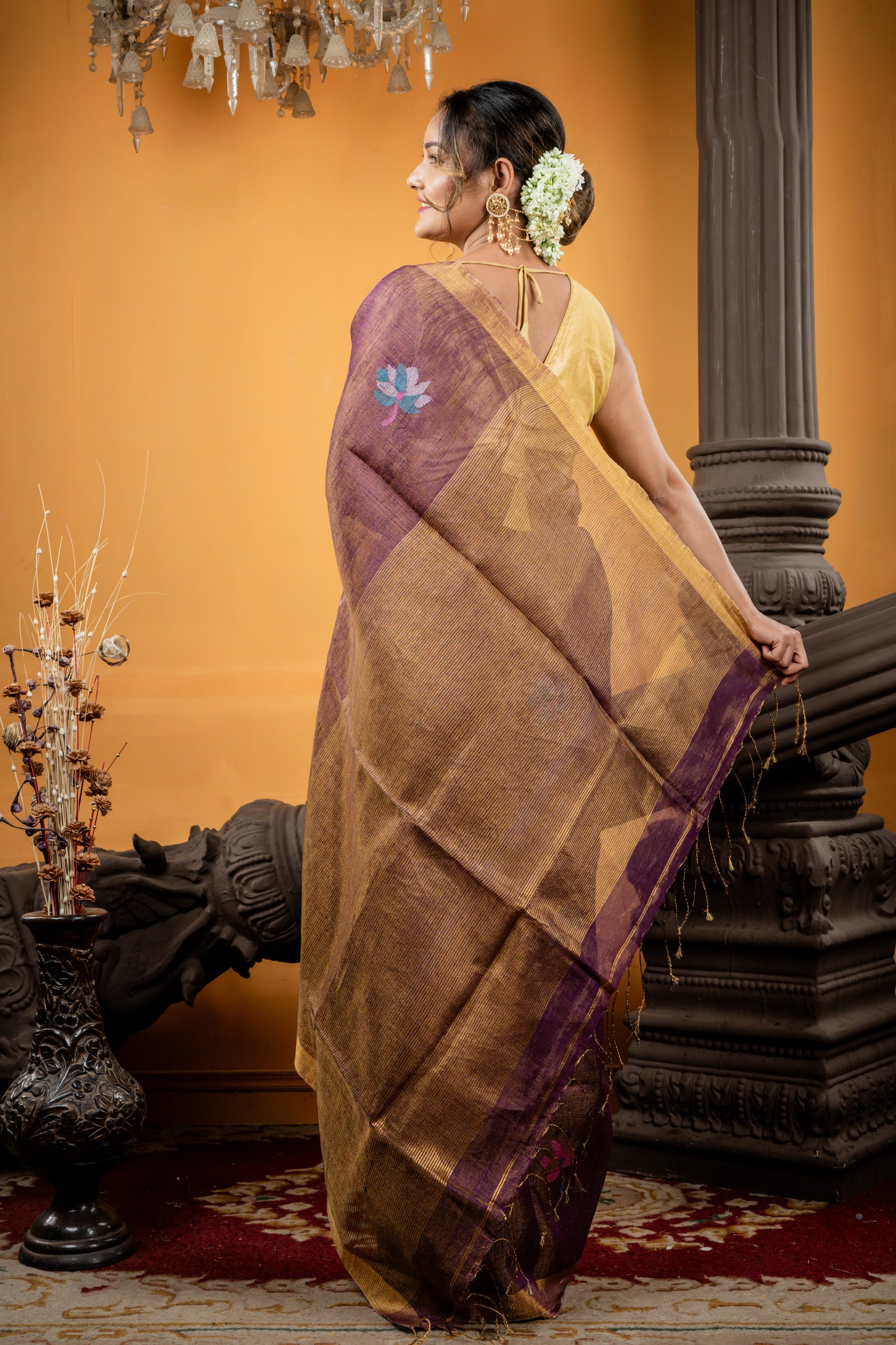 Purple and Gold Dual tone Metallic Linen with Lotus Motif and Stripe Pallu