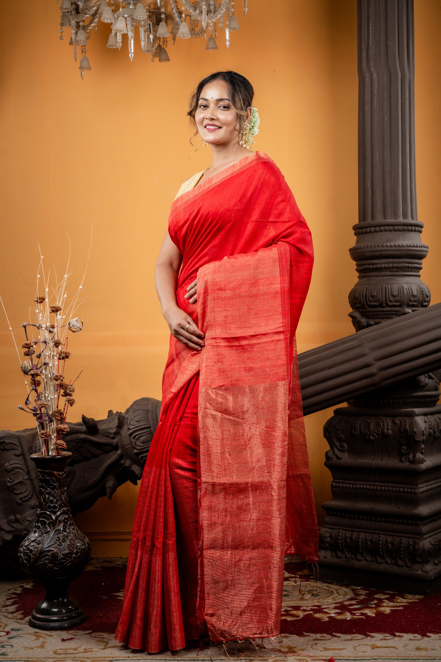 Red  Matka with Metallic Gold 'Mahapadh' Border and Stripe Pallu