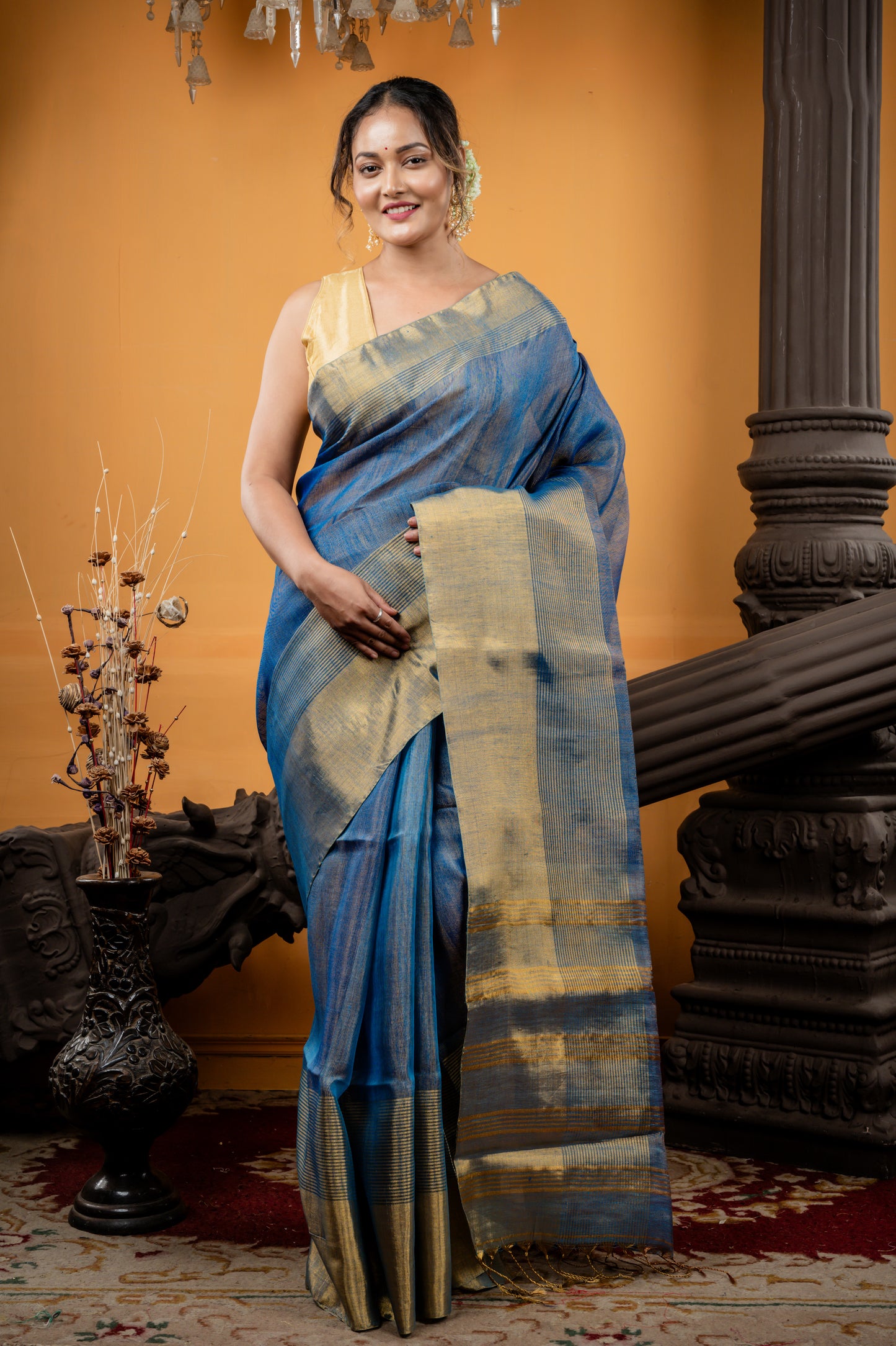 Dusty Blue and Antique Gold Dual Tone Linen Metallic Plain Body with 'Mahapadh' Border