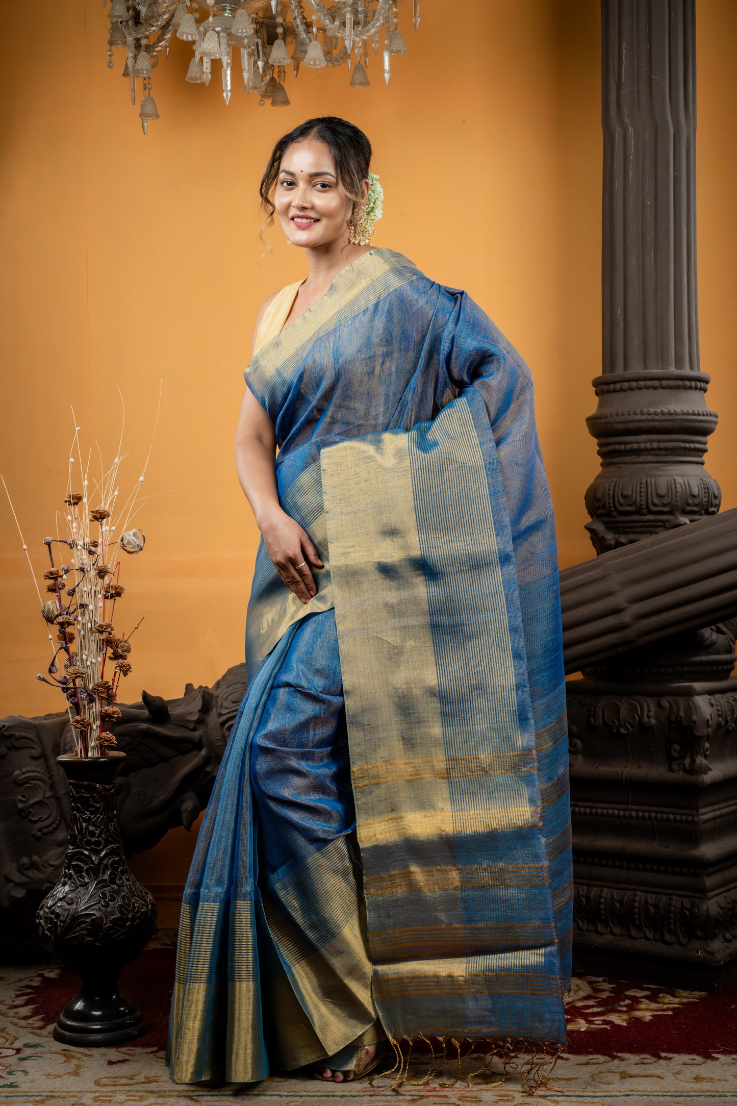 Dusty Blue and Antique Gold Dual Tone Linen Metallic Plain Body with 'Mahapadh' Border