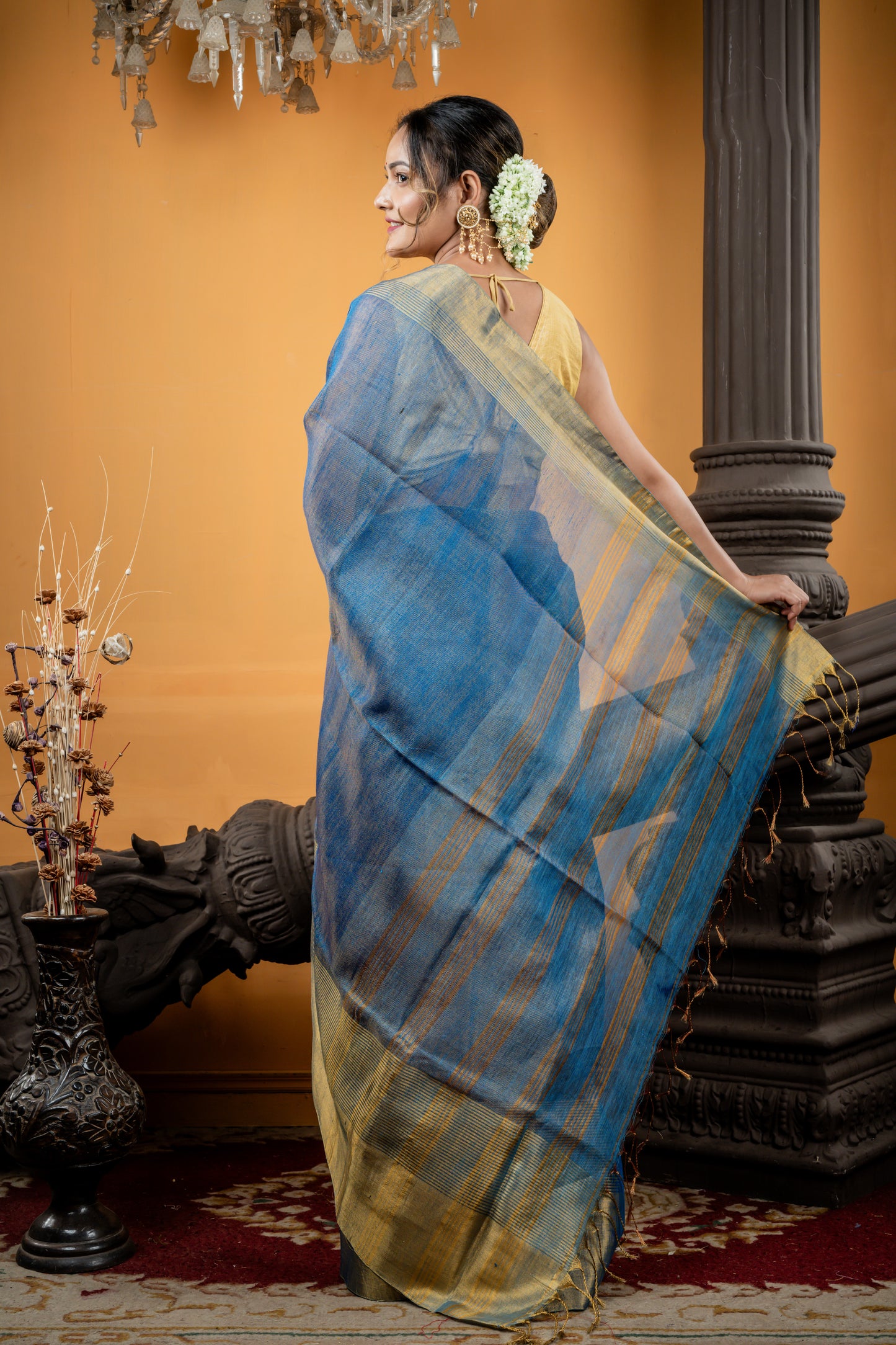 Dusty Blue and Antique Gold Dual Tone Linen Metallic Plain Body with 'Mahapadh' Border