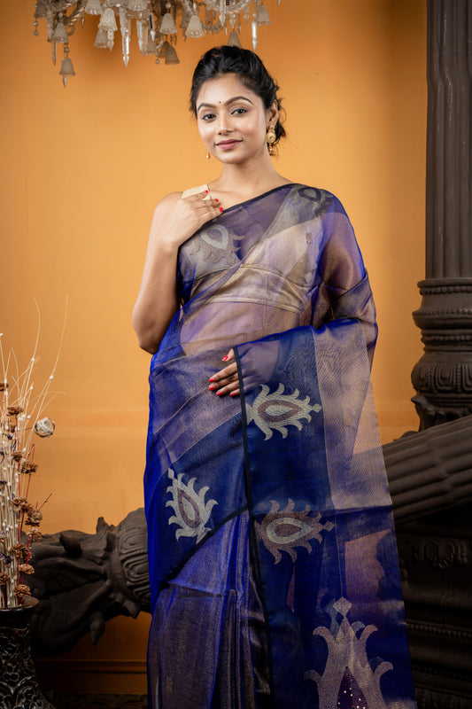 Navy Blue and Antique Gold Dual Tone Premium Muslin with Floral Jamdani Buti, Border and Pallu