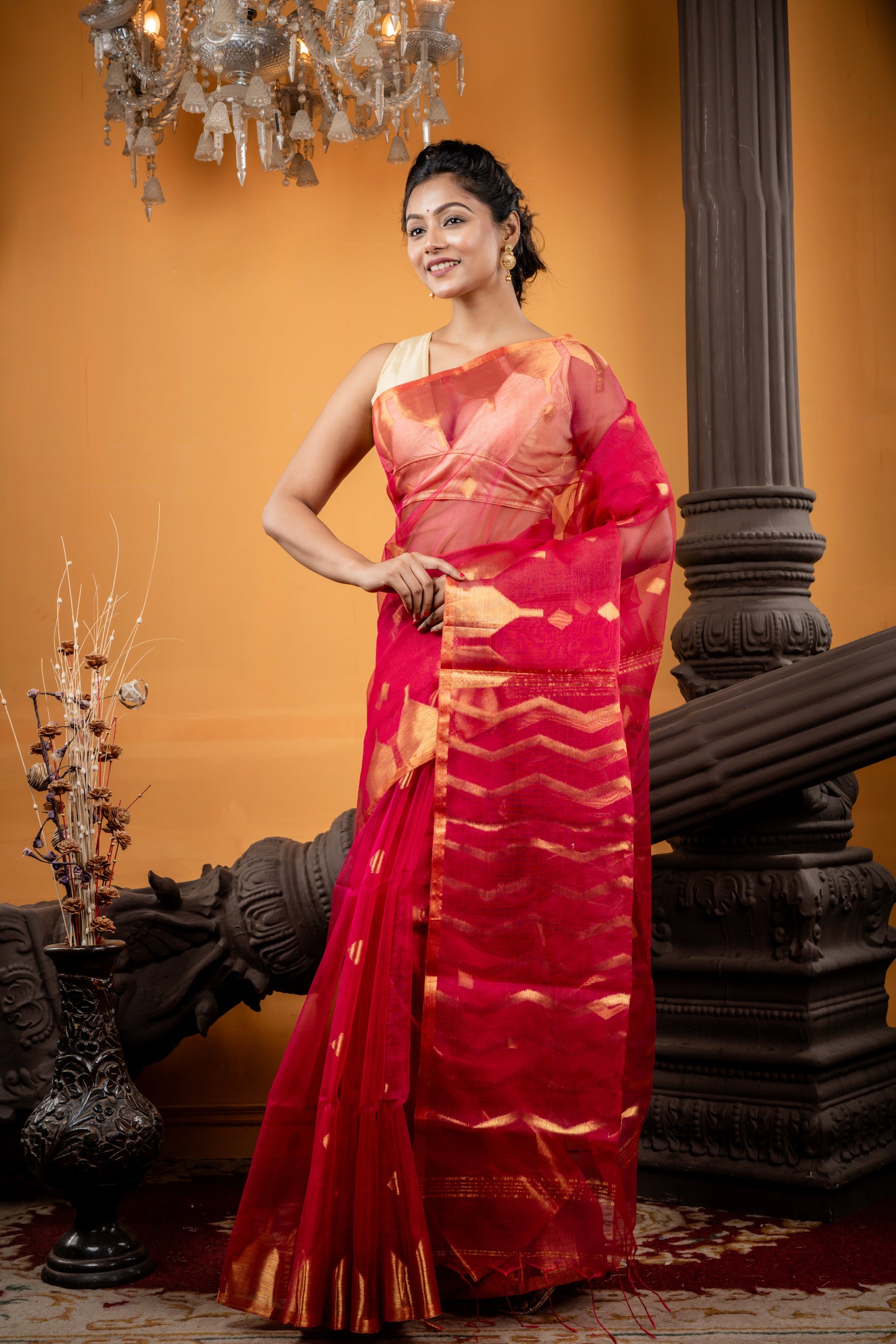 Dark Raspberry Pink Muslin with Zari Diamond Buti, Temple Border and Zigzag Stripes Pallu