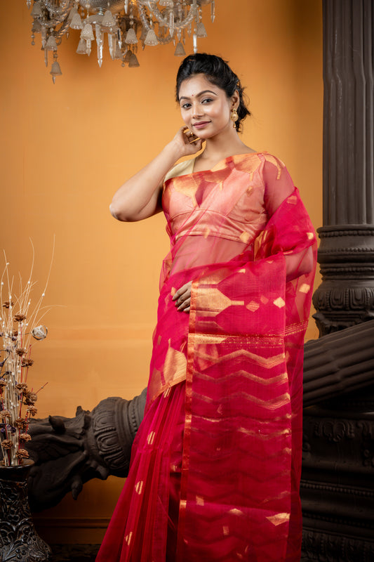 Dark Raspberry Pink Muslin with Zari Diamond Buti, Temple Border and Zigzag Stripes Pallu