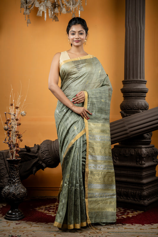 Khaki Green Premium Matka with Sona Rupa buti, Antique Zari border and Baluchori design Pallu