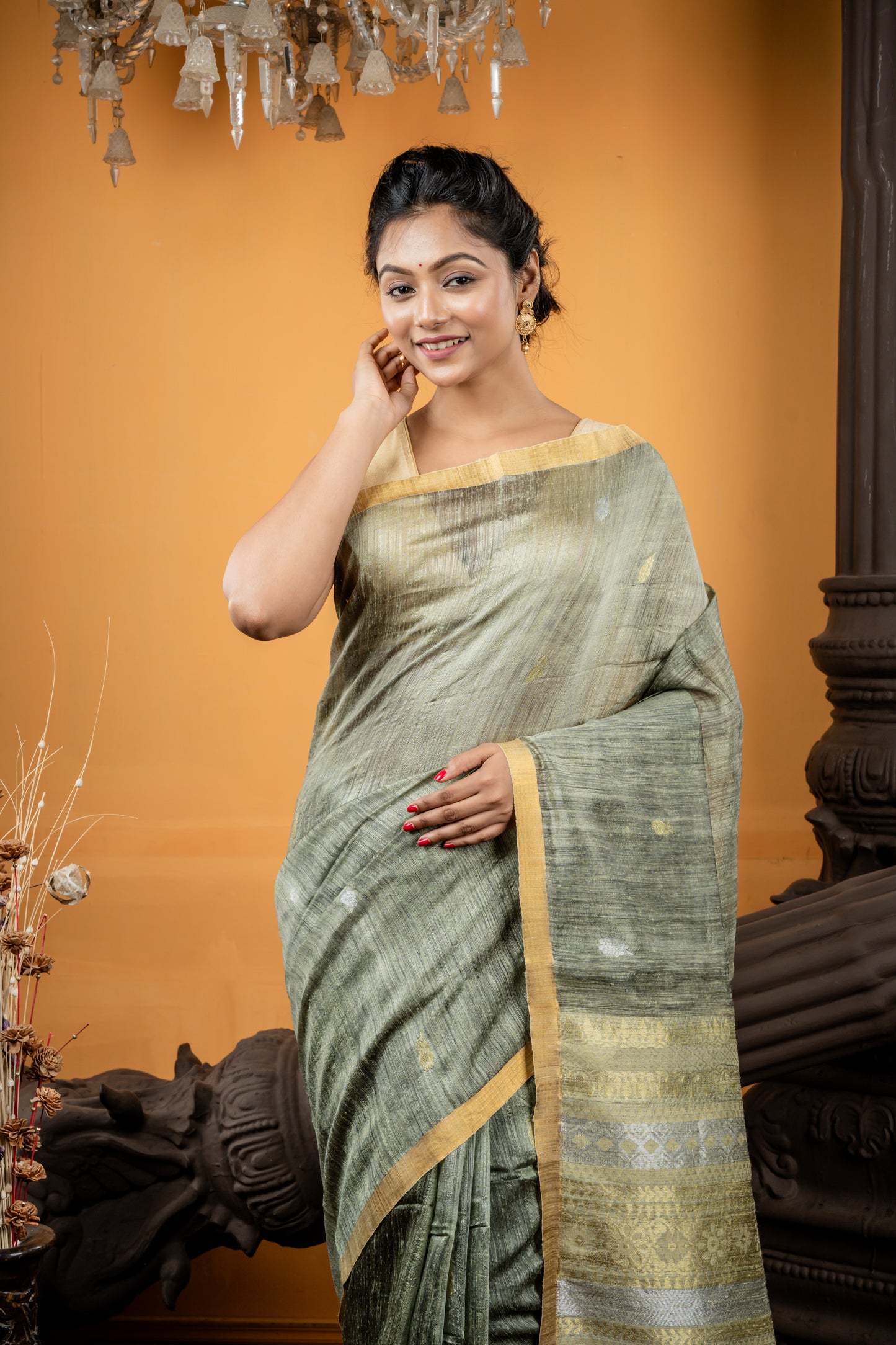 Khaki Green Premium Matka with Sona Rupa buti, Antique Zari border and Baluchori design Pallu