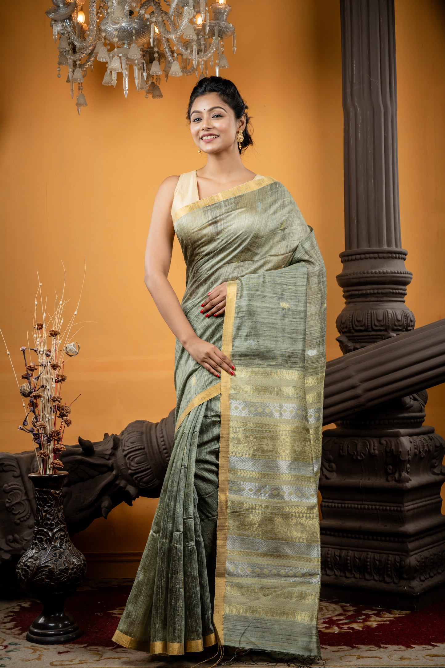 Khaki Green Premium Matka with Sona Rupa buti, Antique Zari border and Baluchori design Pallu