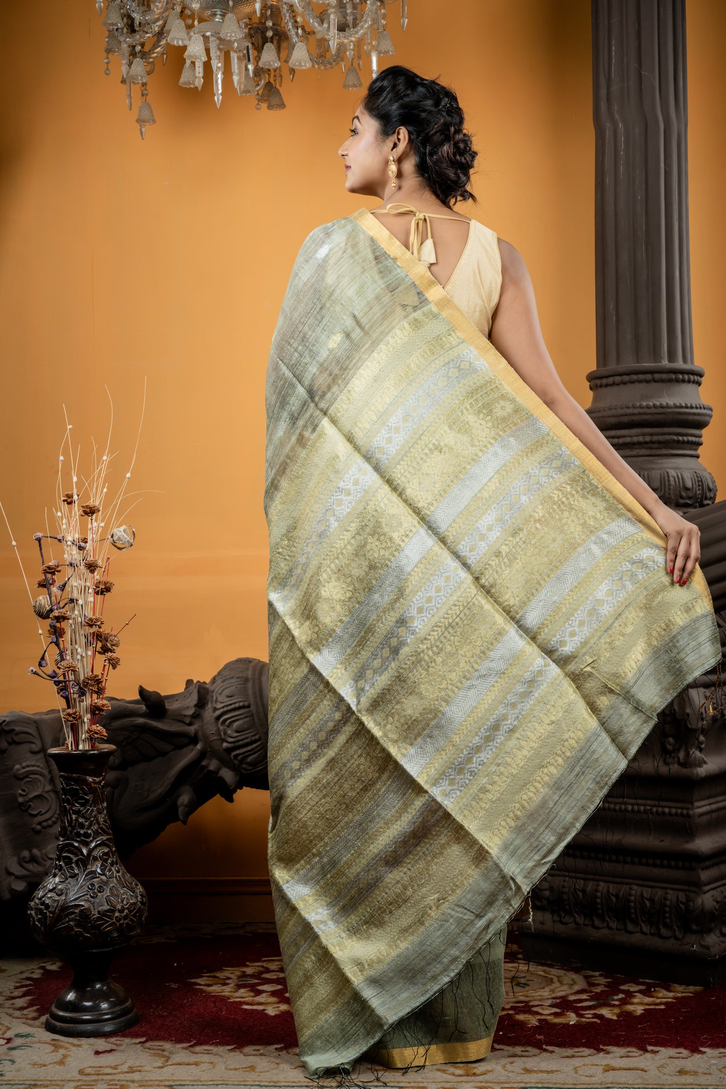 Khaki Green Premium Matka with Sona Rupa buti, Antique Zari border and Baluchori design Pallu