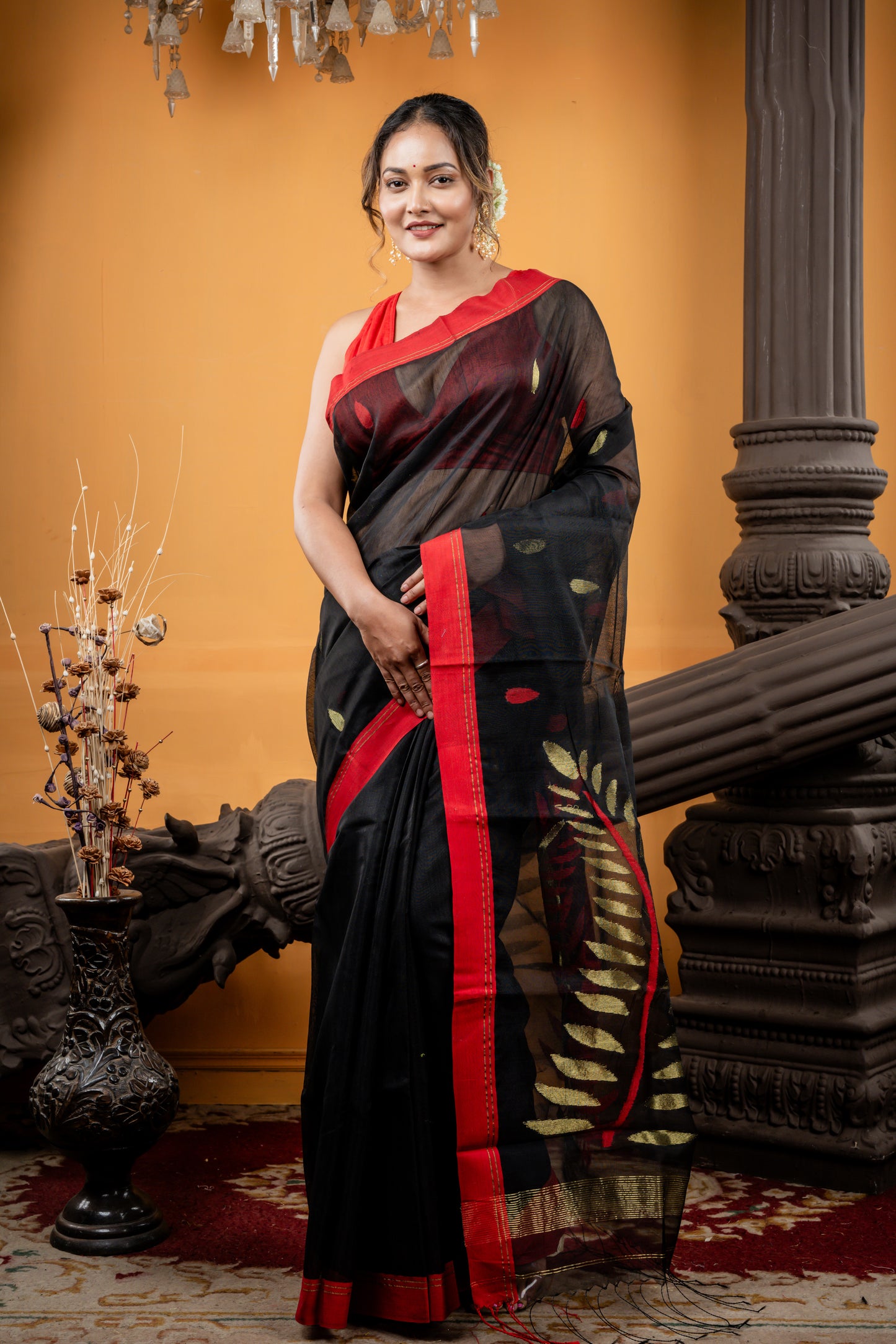 Black Muslin with Red & Gold Leaf Motif Buti & Pallu