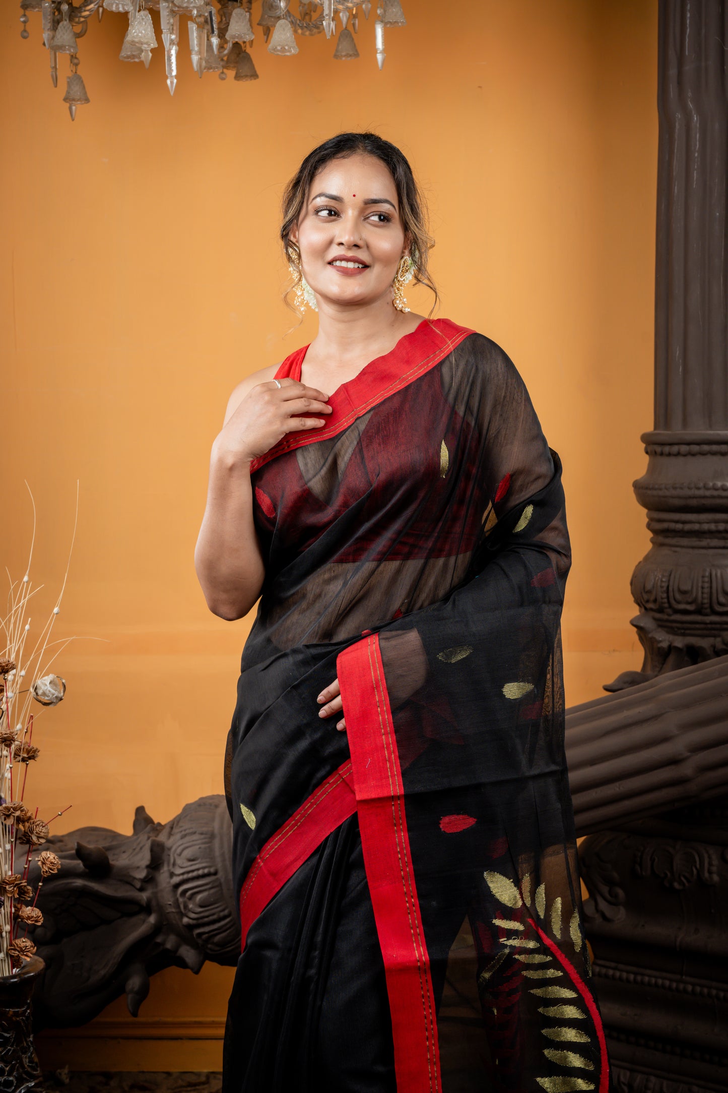 Black Muslin with Red & Gold Leaf Motif Buti & Pallu