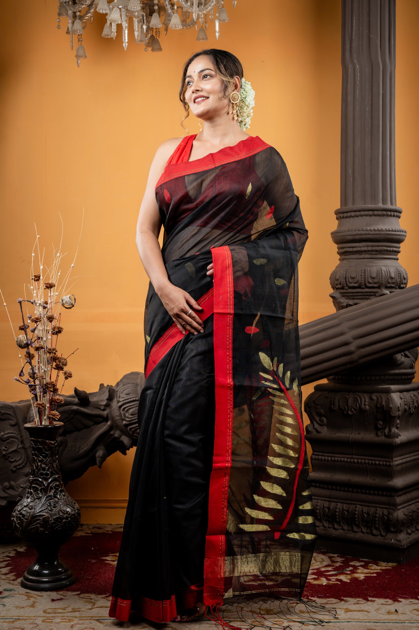 Black Muslin with Red & Gold Leaf Motif Buti & Pallu