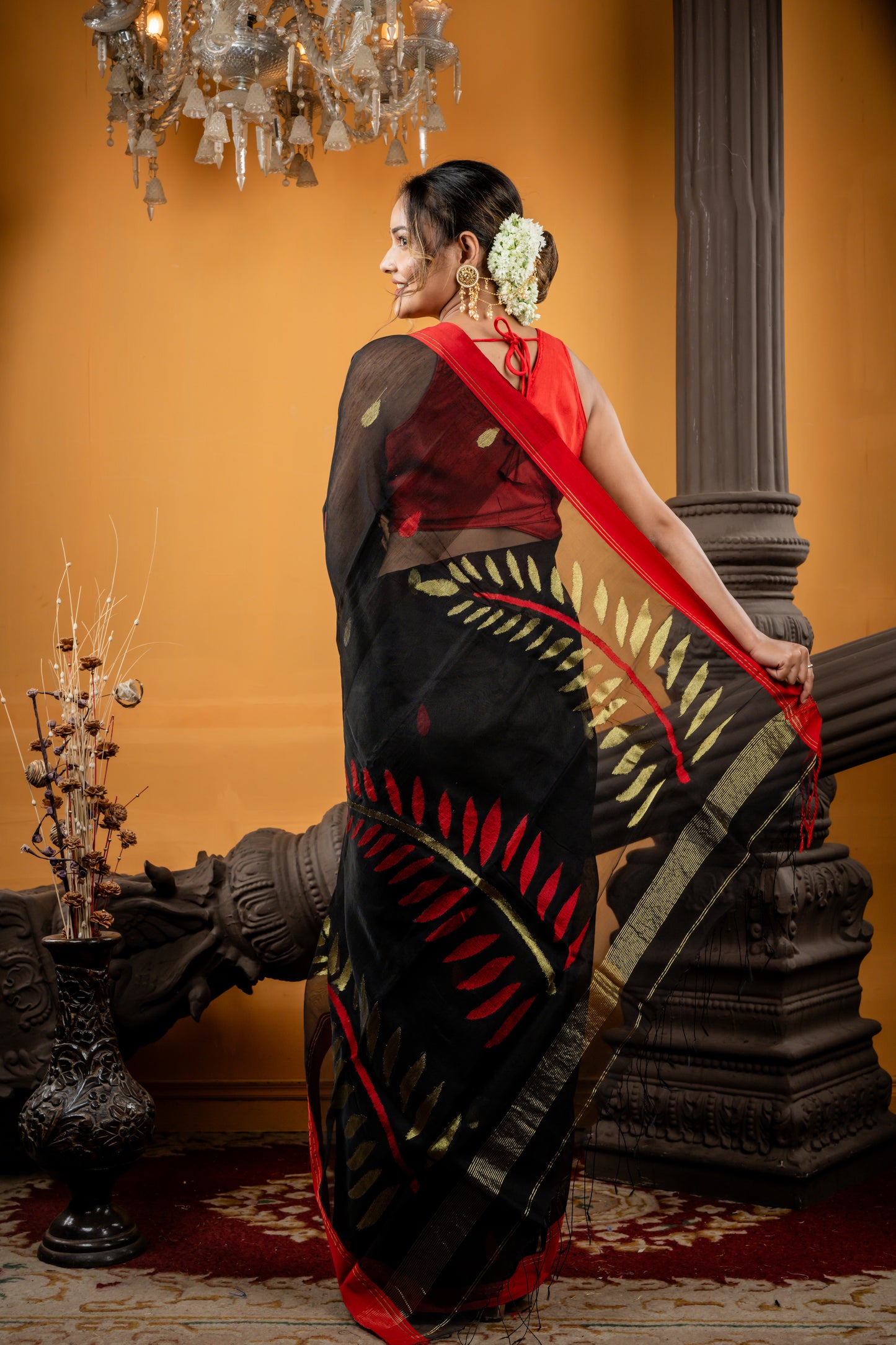 Black Muslin with Red & Gold Leaf Motif Buti & Pallu