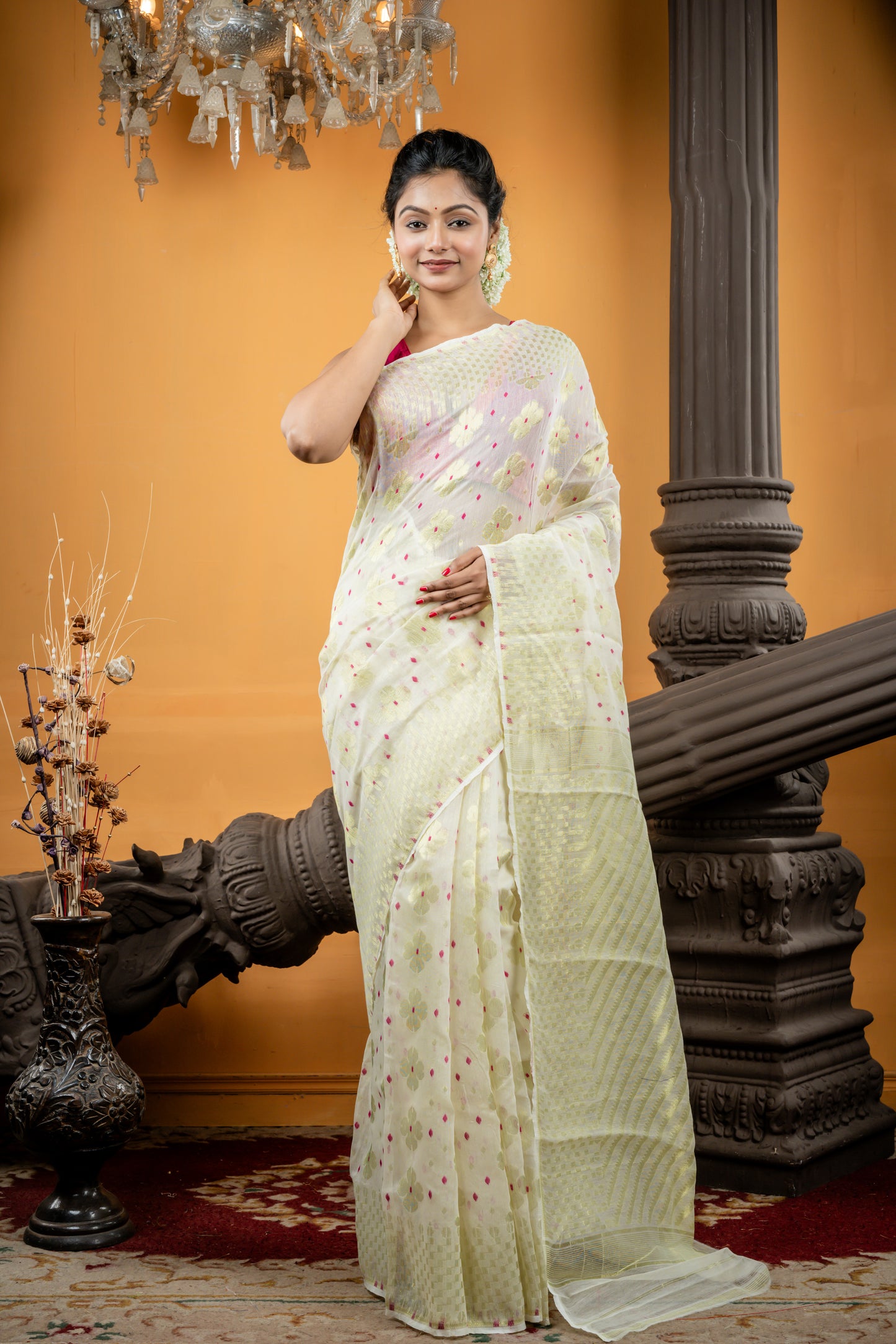 Pearl White Resham Cotton with Floral Zari Jamdani and Magenta Pink Dhakai Buti Highlights