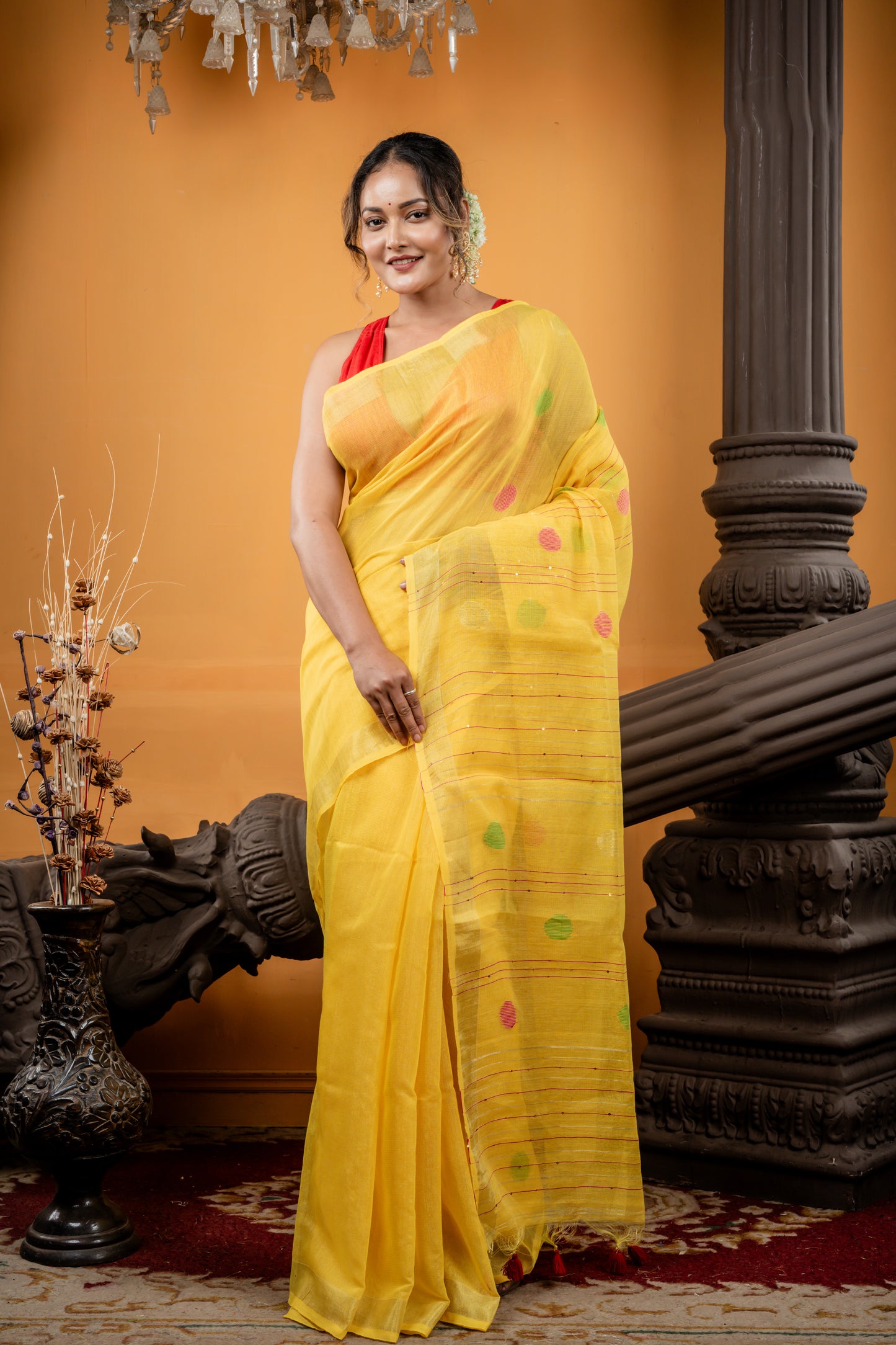 Yellow and Gold Tissue Linen with Multi-colour Polka Dots and Sequins Stripe Pallu