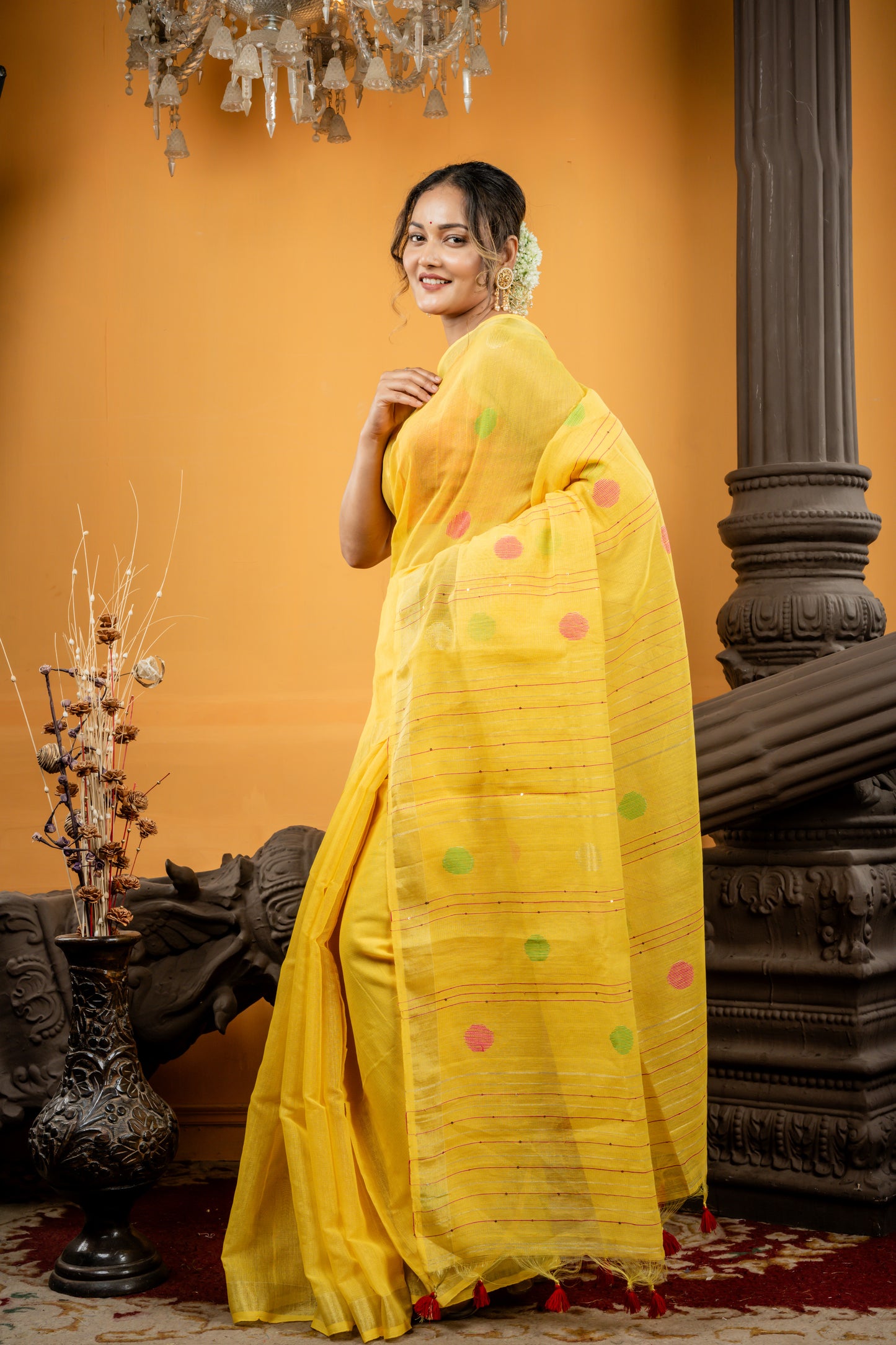 Yellow and Gold Tissue Linen with Multi-colour Polka Dots and Sequins Stripe Pallu