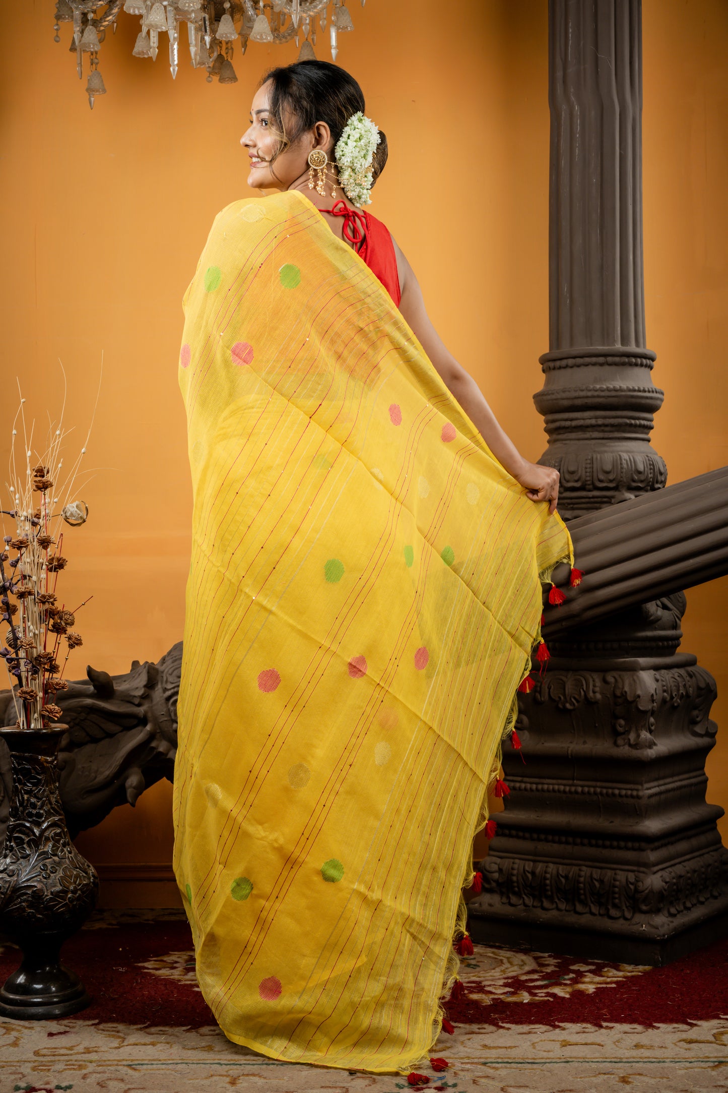 Yellow and Gold Tissue Linen with Multi-colour Polka Dots and Sequins Stripe Pallu