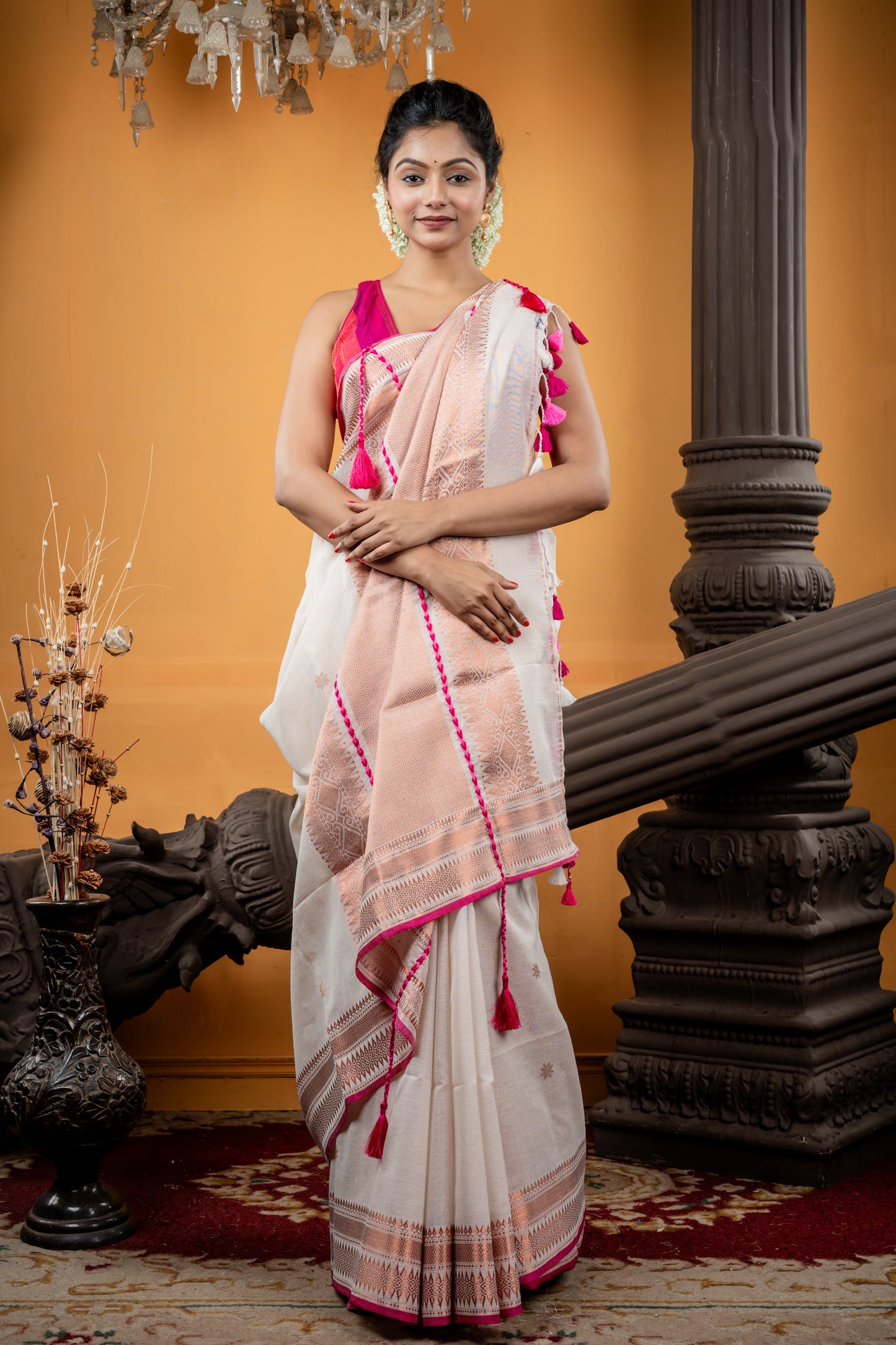 Off-White Mercerised Cotton with Magenta Pink 'Nakshatra Beni' design and all over Copper Buti