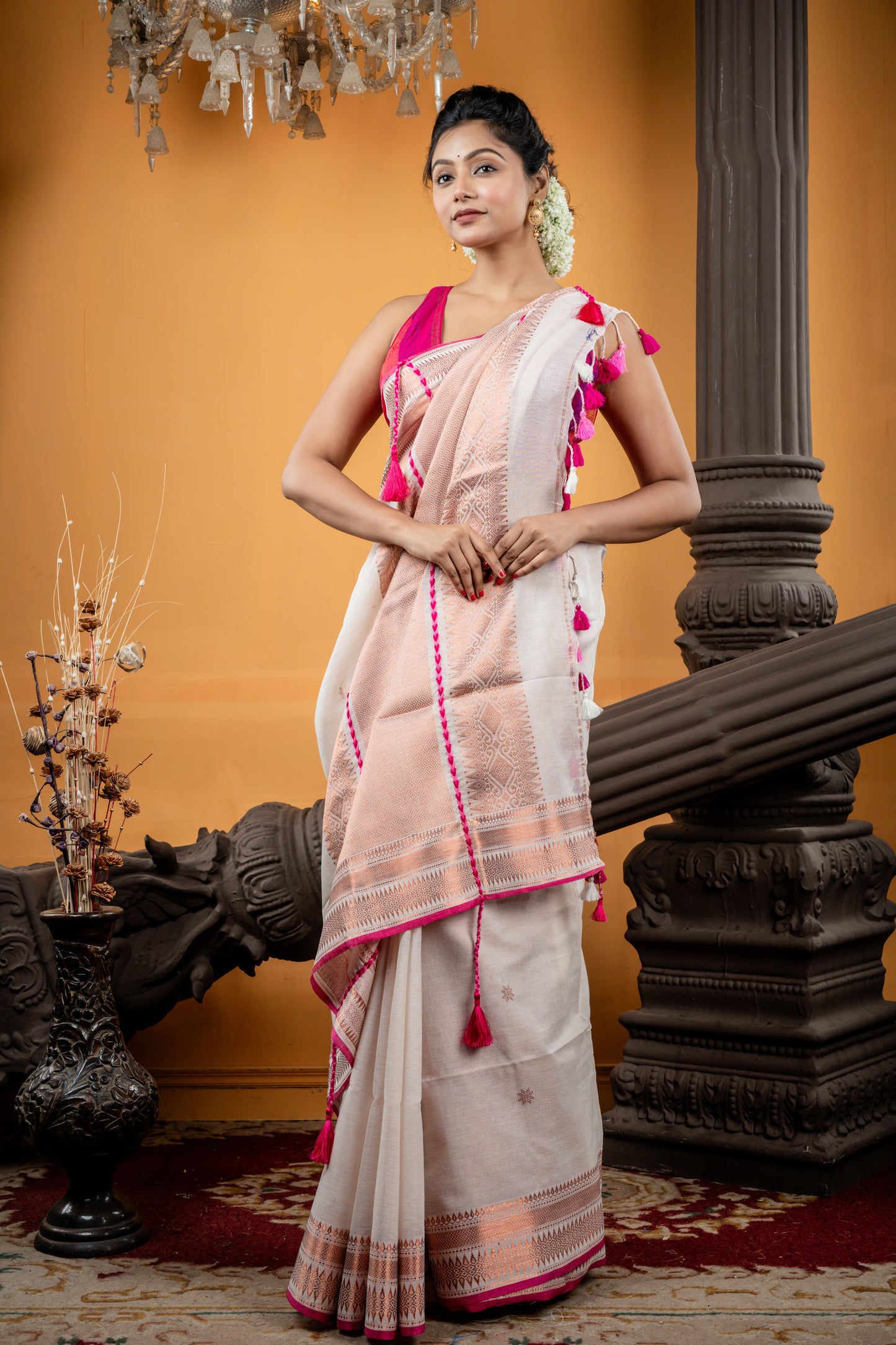 Off-White Mercerised Cotton with Magenta Pink 'Nakshatra Beni' design and all over Copper Buti